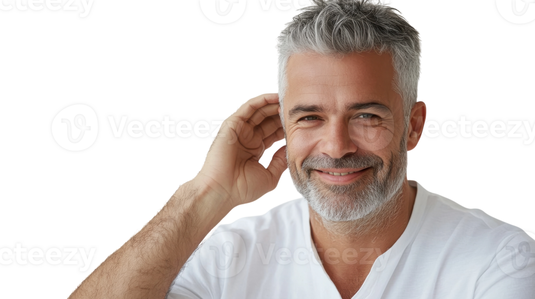Smiling man with gray hair and beard, casual attire in a bright setting enjoying a moment of joy png