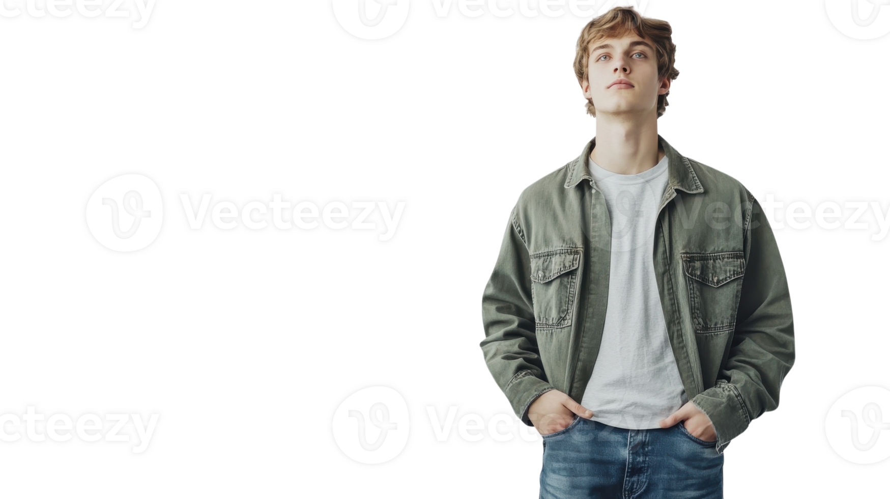 Young man dressed casually in a green jacket and jeans stands confidently against a plain background png
