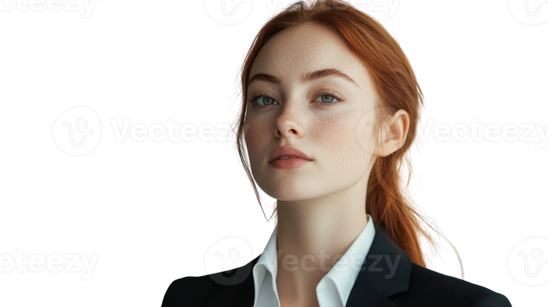 Confident young woman posed in professional attire with a focus on her striking features and elegant demeanor png