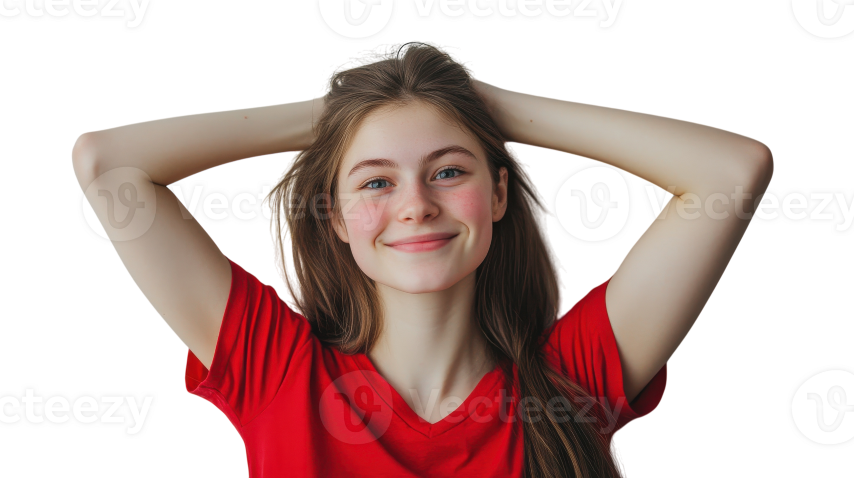 Young woman smiling with hands in hair, showcasing confidence and joy in a bright, simple setting png