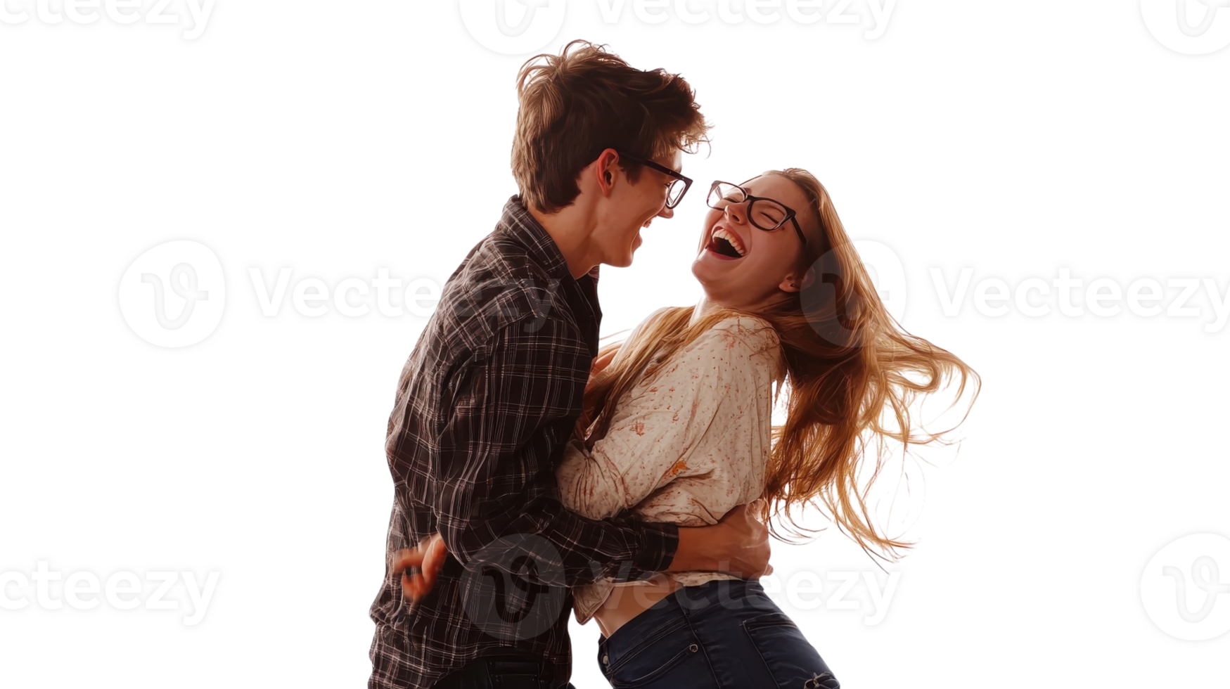 Couple joyfully laughing together during a fun indoor moment captured in bright light png