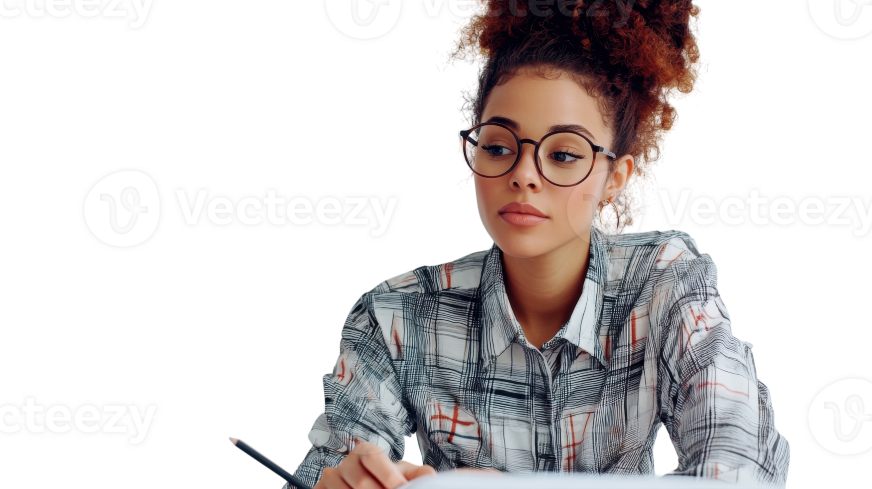 Young woman in stylish outfit focused on writing notes during creative brainstorming session at a bright workspace png