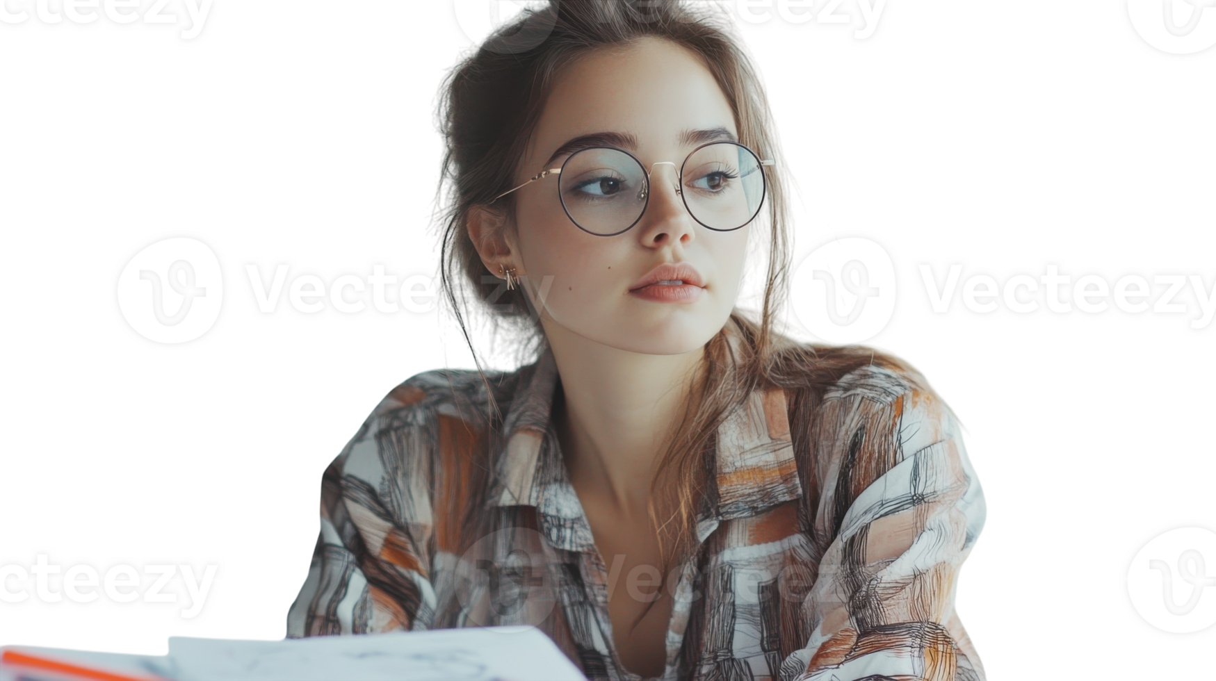 Young woman with glasses studying at a desk surrounded by books and notes in a bright, natural light setting png