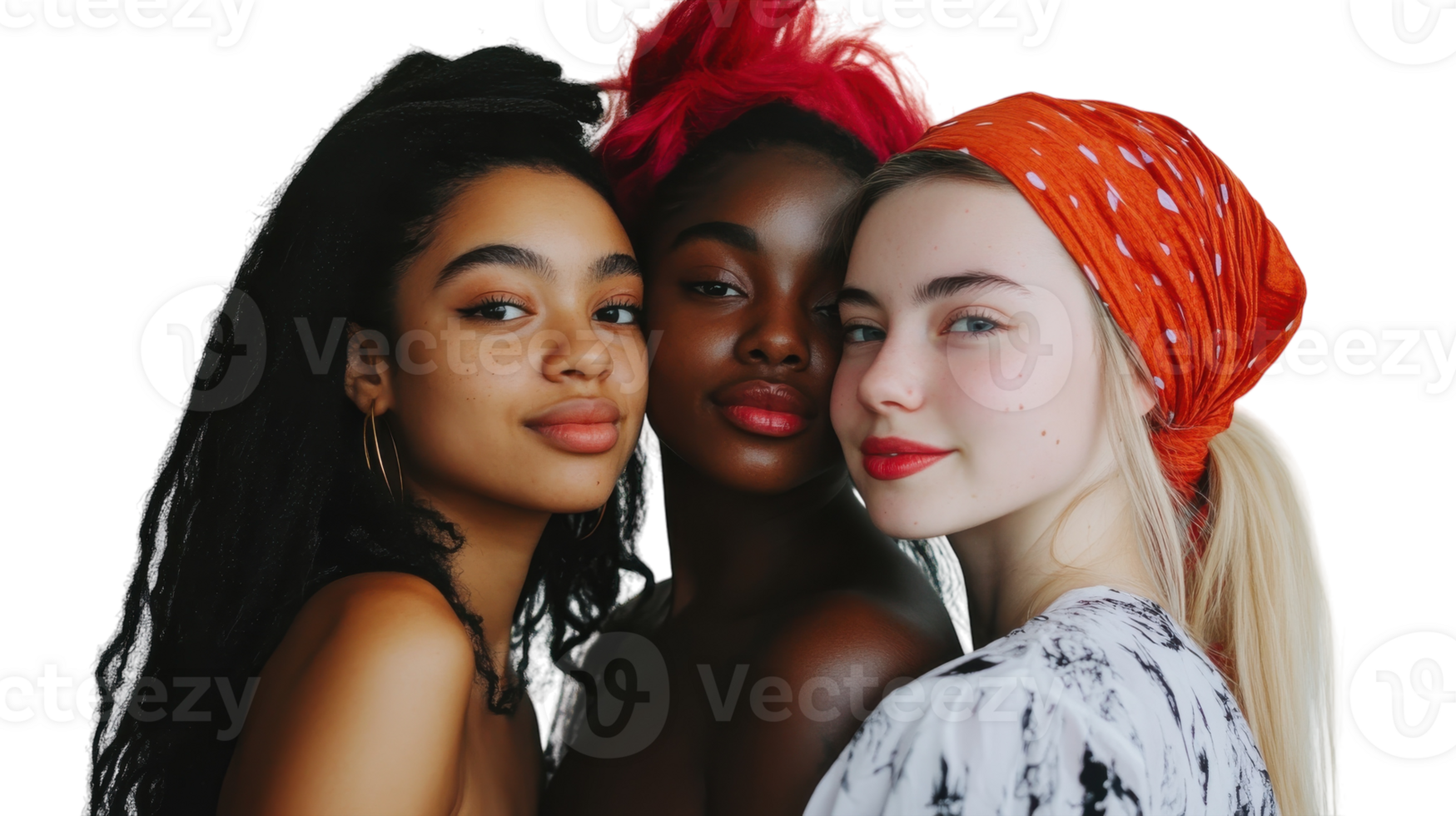 Diverse group of three women posing together in a vibrant and colorful portrait in natural light png