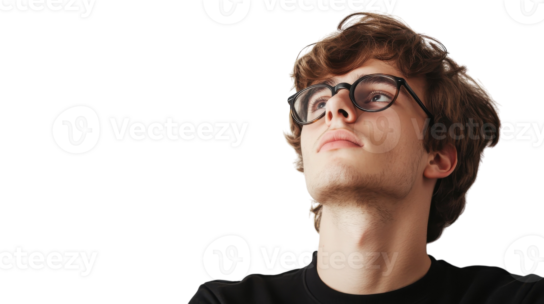 Young man with glasses gazes upward in thoughtful contemplation against a plain background png