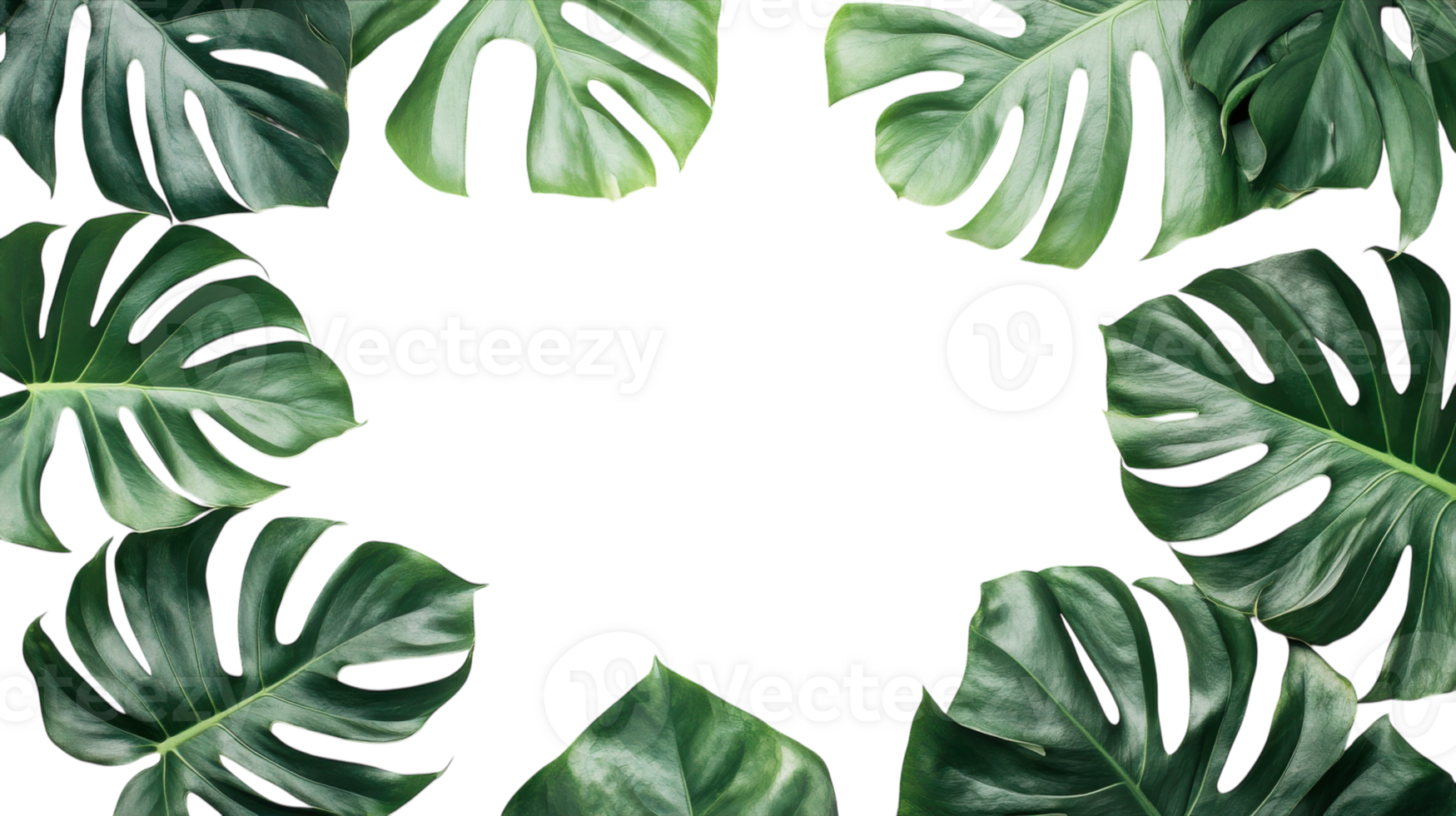 Abundant green monstera leaves arranged decoratively on a white background showcasing tropical beauty in a minimalist style png