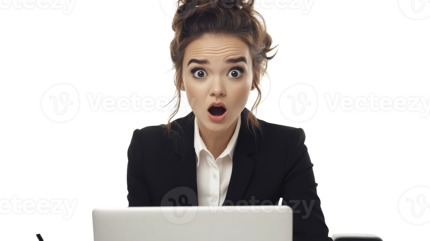 Woman in business attire reacts with shock while working on a laptop in a bright, minimalistic setting png