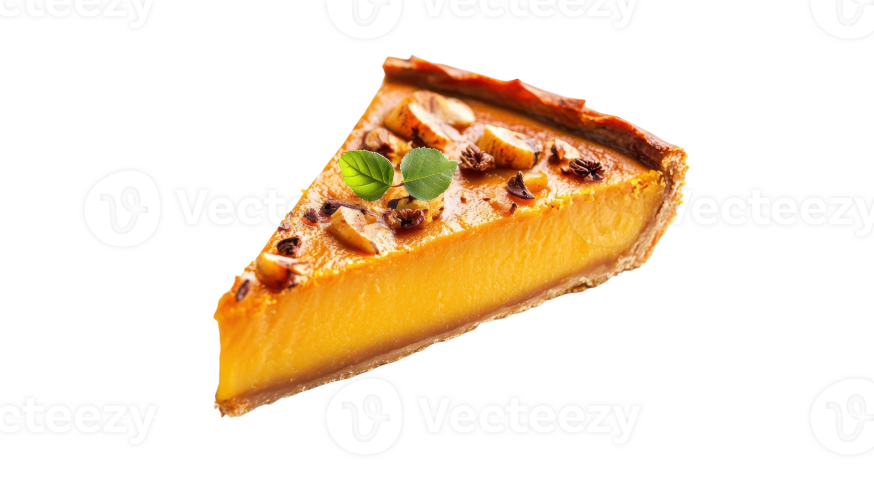 Delicious slice of pumpkin pie garnished with nuts and mint on a white background perfect for fall desserts png