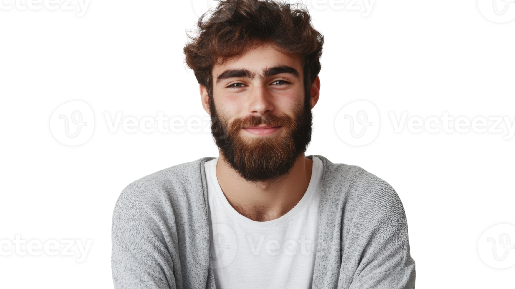 Smiling young man with a beard wearing a gray cardigan against a white background, projecting confidence and friendliness png