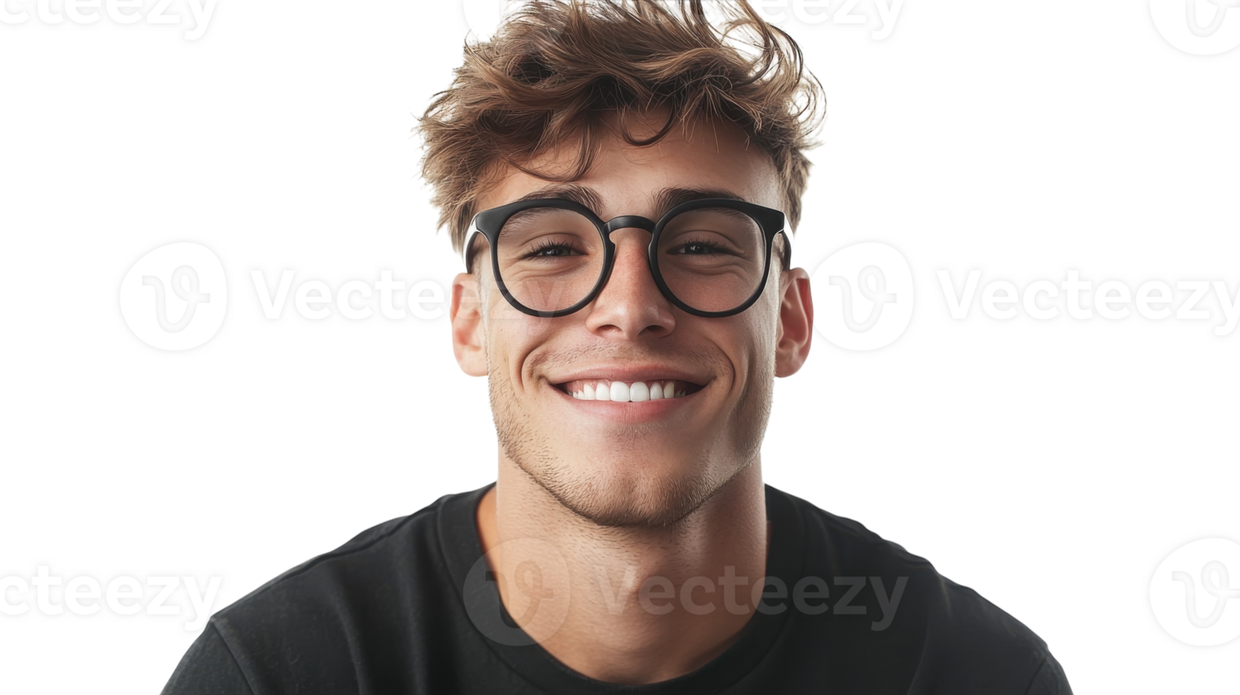 Young man with glasses smiling against a plain background, showcasing a friendly demeanor and stylish appearance png