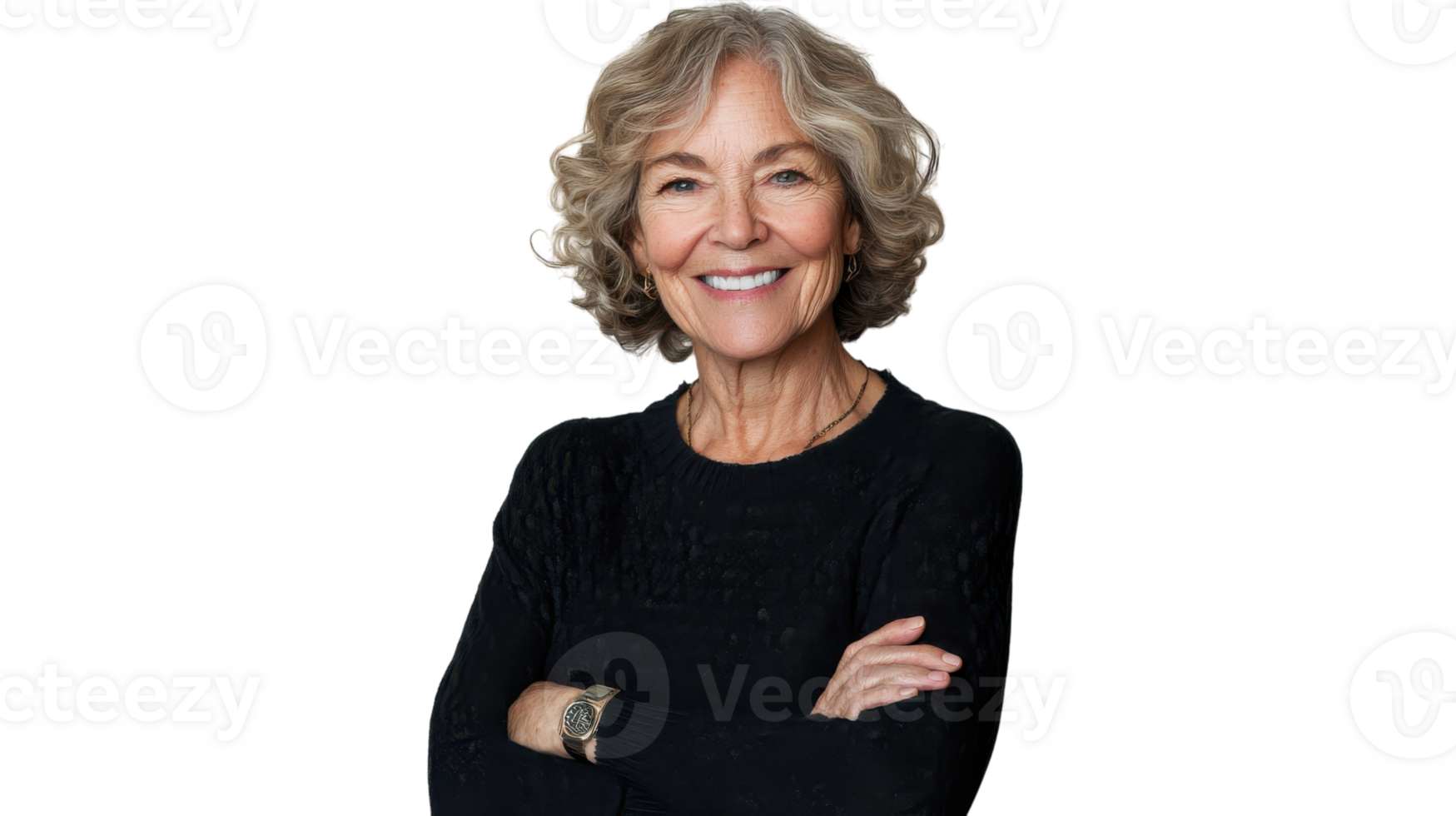 Senior woman with curly hair smiling confidently while wearing a black top looks at the camera with arms crossed png