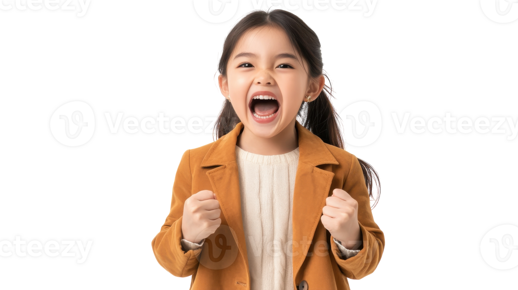 Child expresses joy and excitement while wearing a stylish outfit in a studio setting png