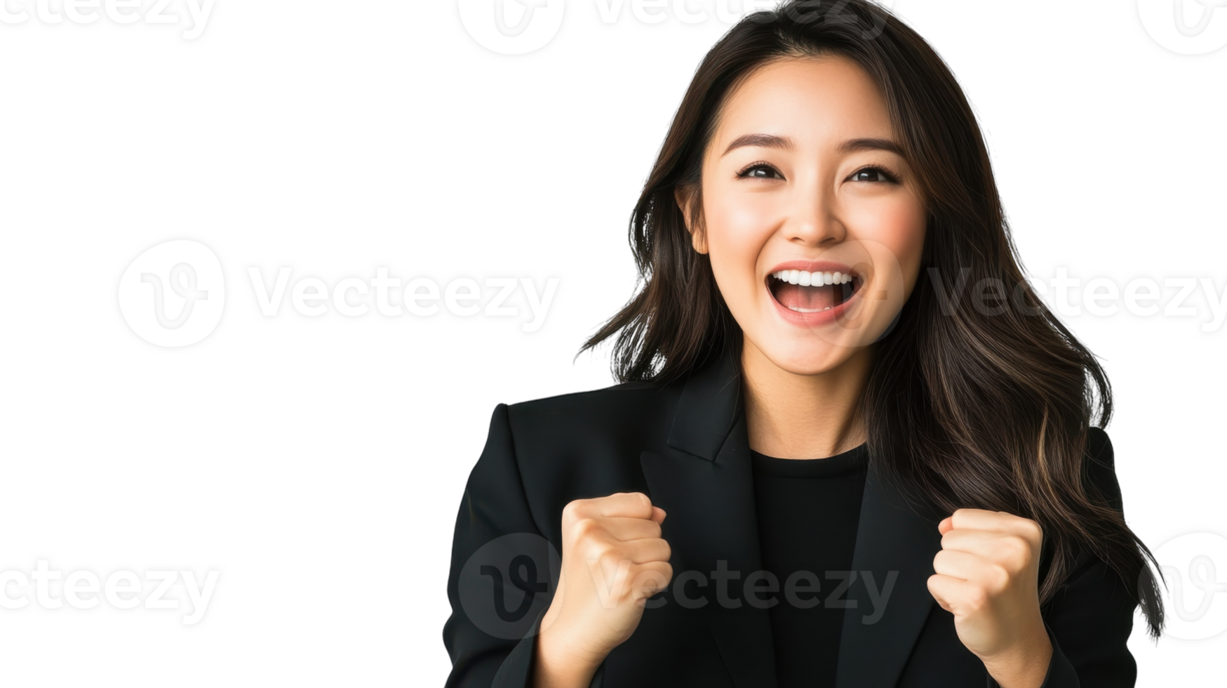 Excited young woman celebrating success in a professional setting with a joyful expression png