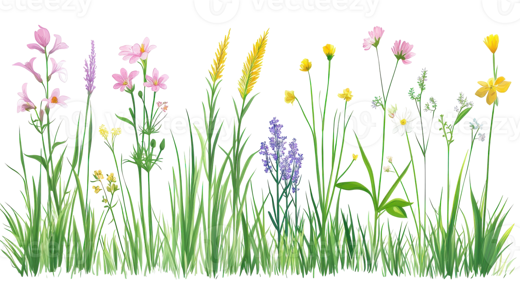 Colorful wildflower arrangement on a sunny day in a lush green meadow featuring various flora png