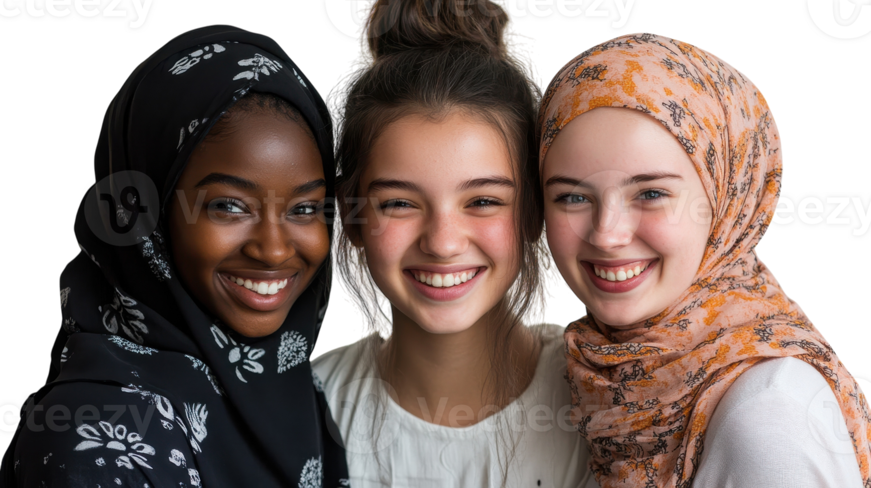 Three young women wearing headscarves and smiling png