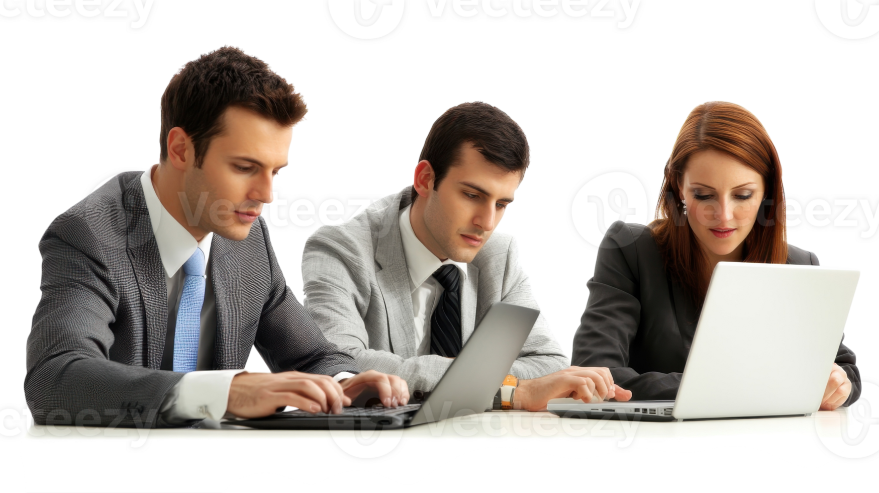 Three business people working on laptops png