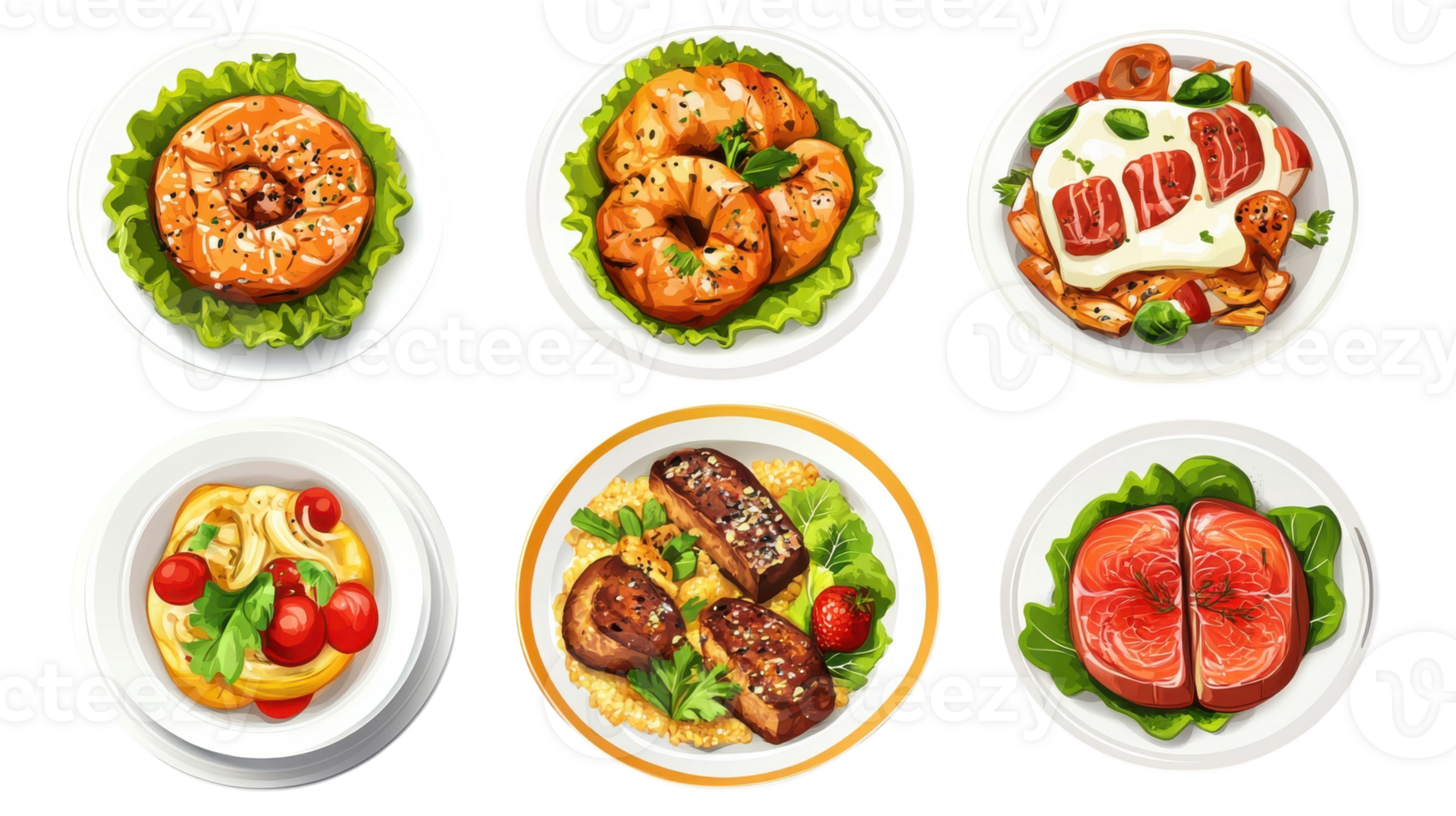 A set of plates with different types of food png