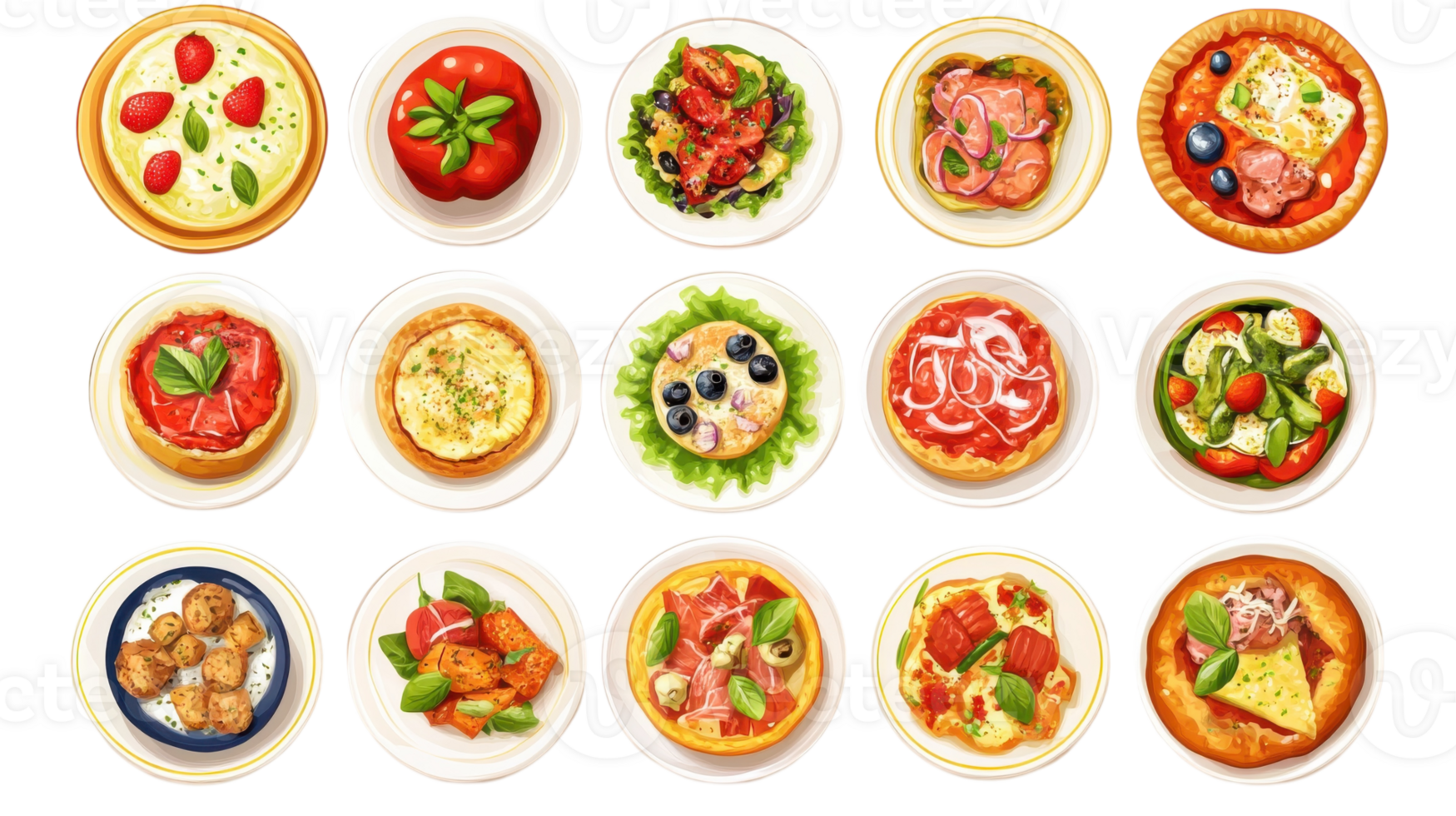 A collection of different types of pizza on plates png