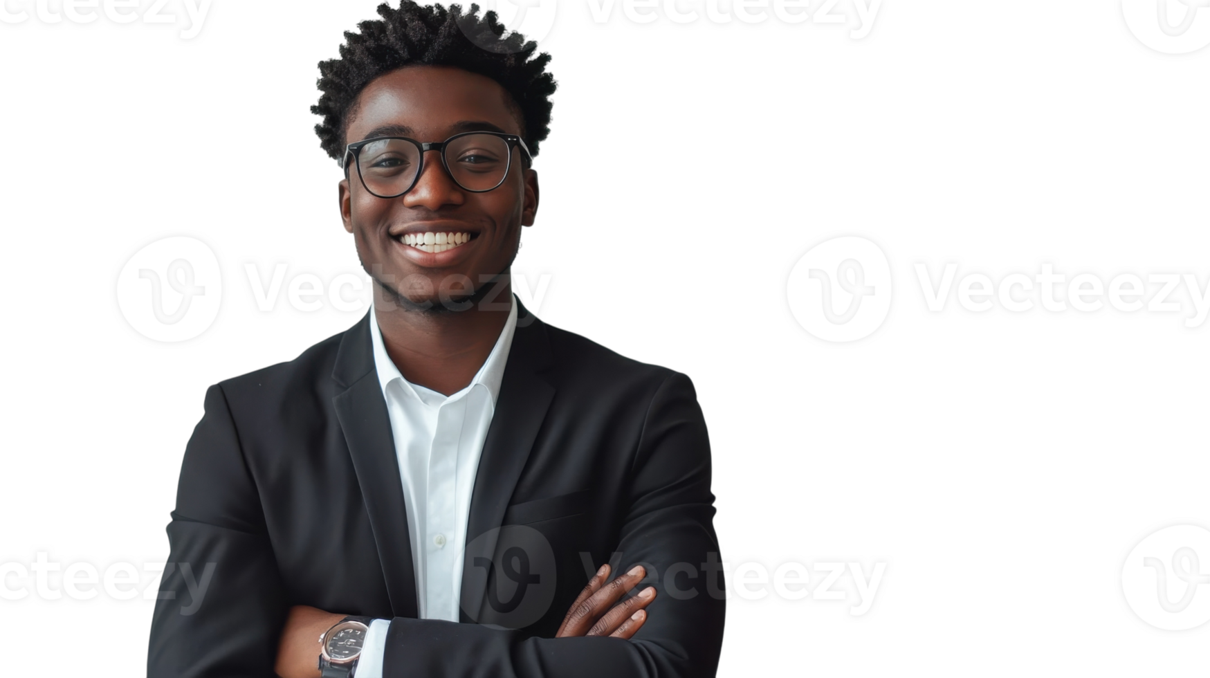 Smiling young man in formal attire posing confidently with crossed arms in a bright studio setting png