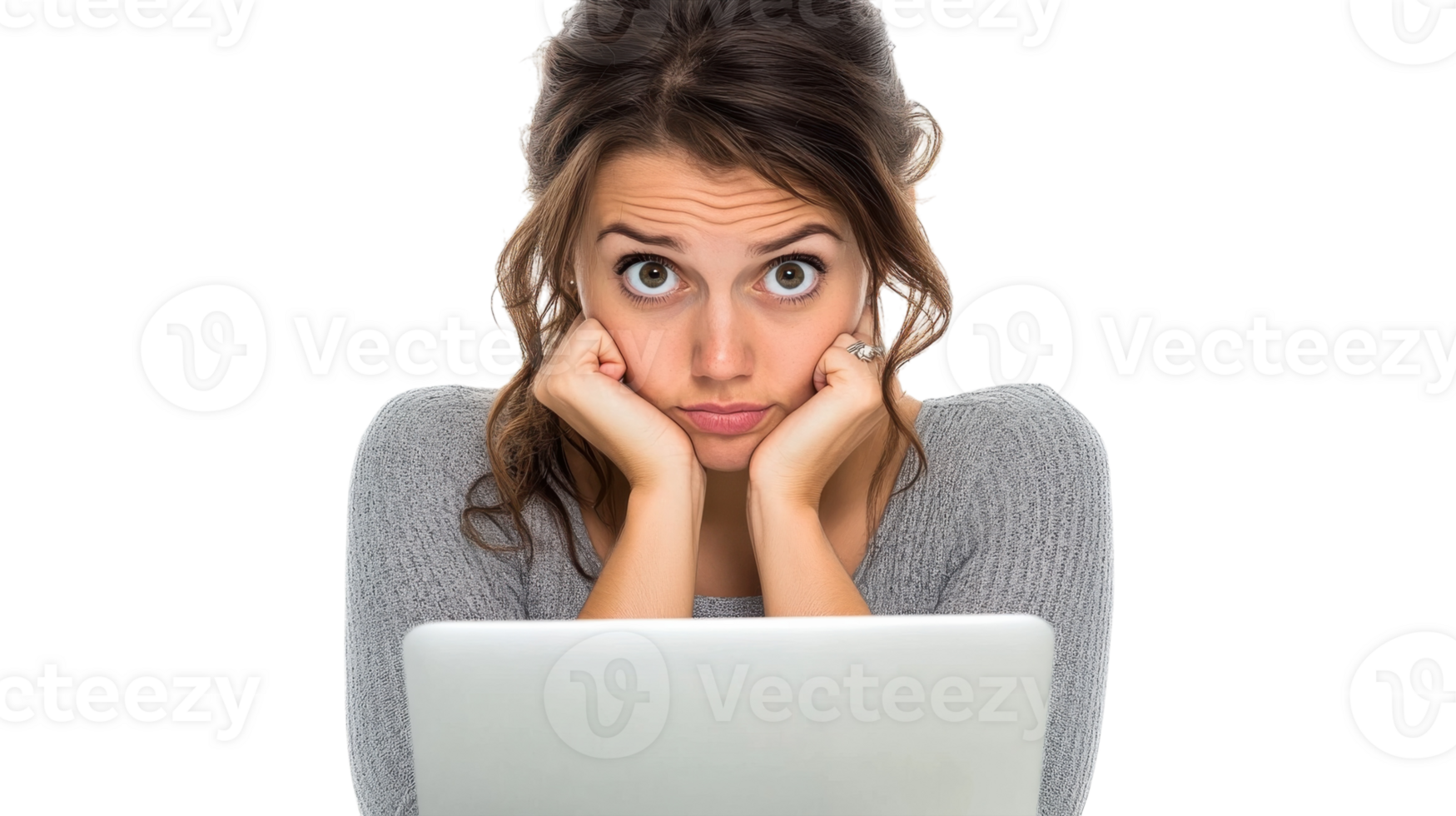 Woman looks frustrated while working on laptop with hands on her face in bright setting png