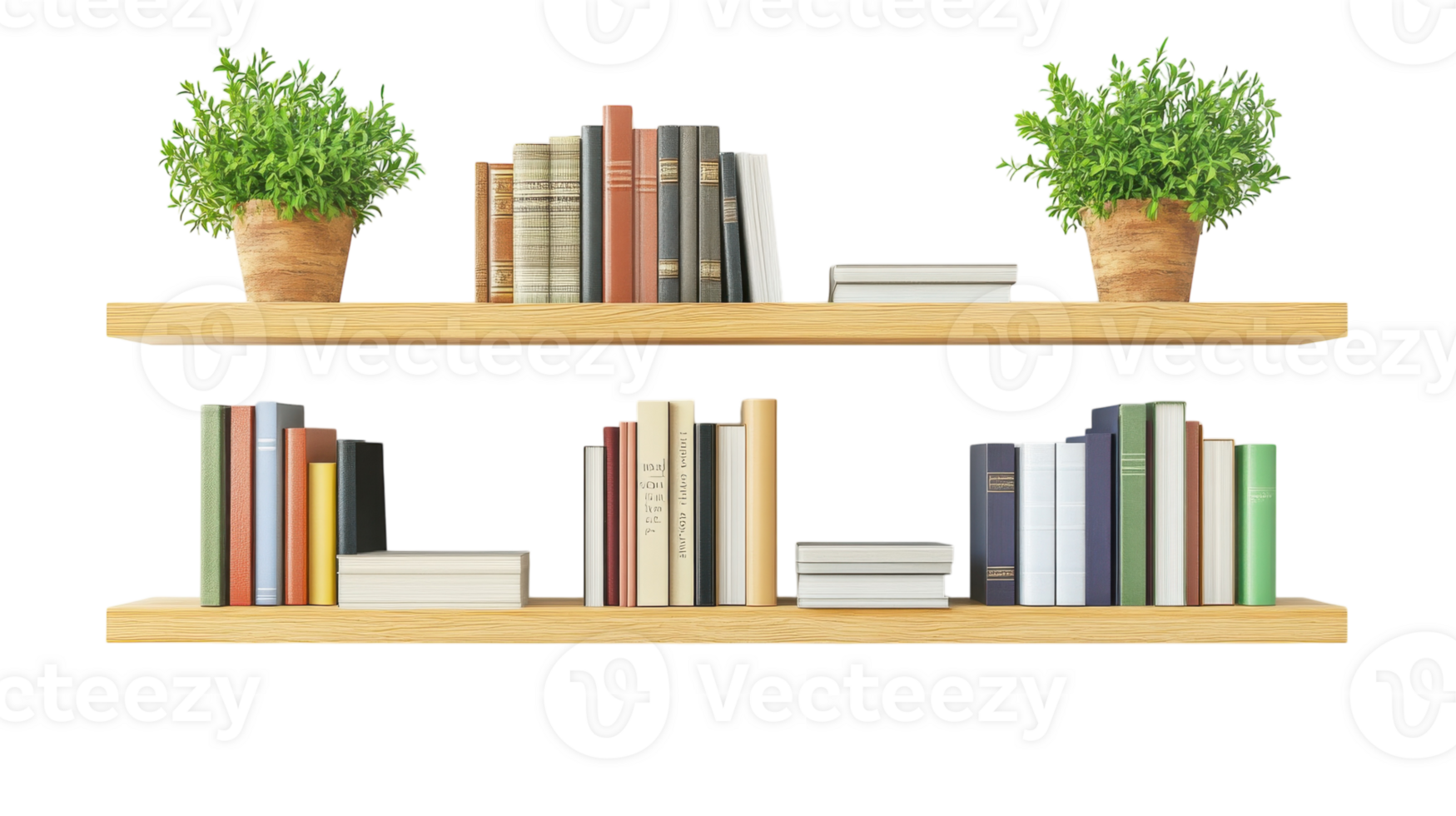 Two bookshelves with plants on them png