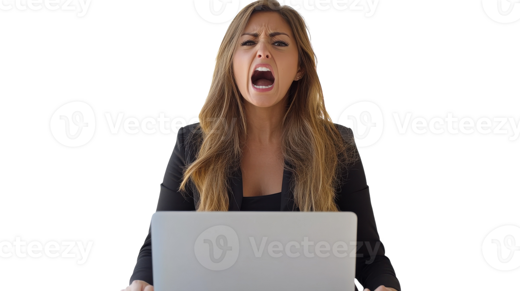 Woman expressing frustration while working on a laptop in a professional setting during day hours png