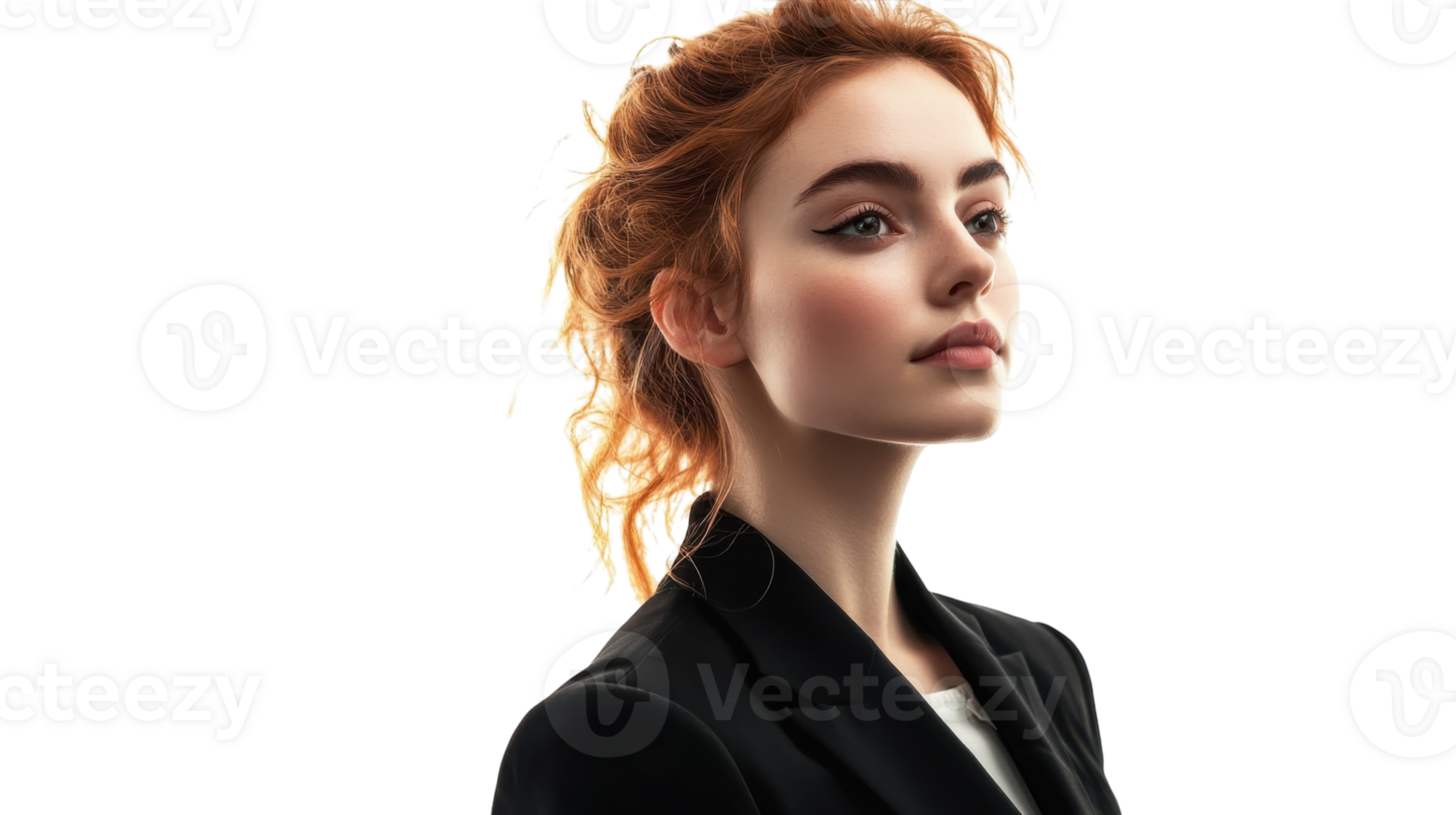 Confident woman with red hair posing in a formal outfit against a white background during a professional photoshoot png