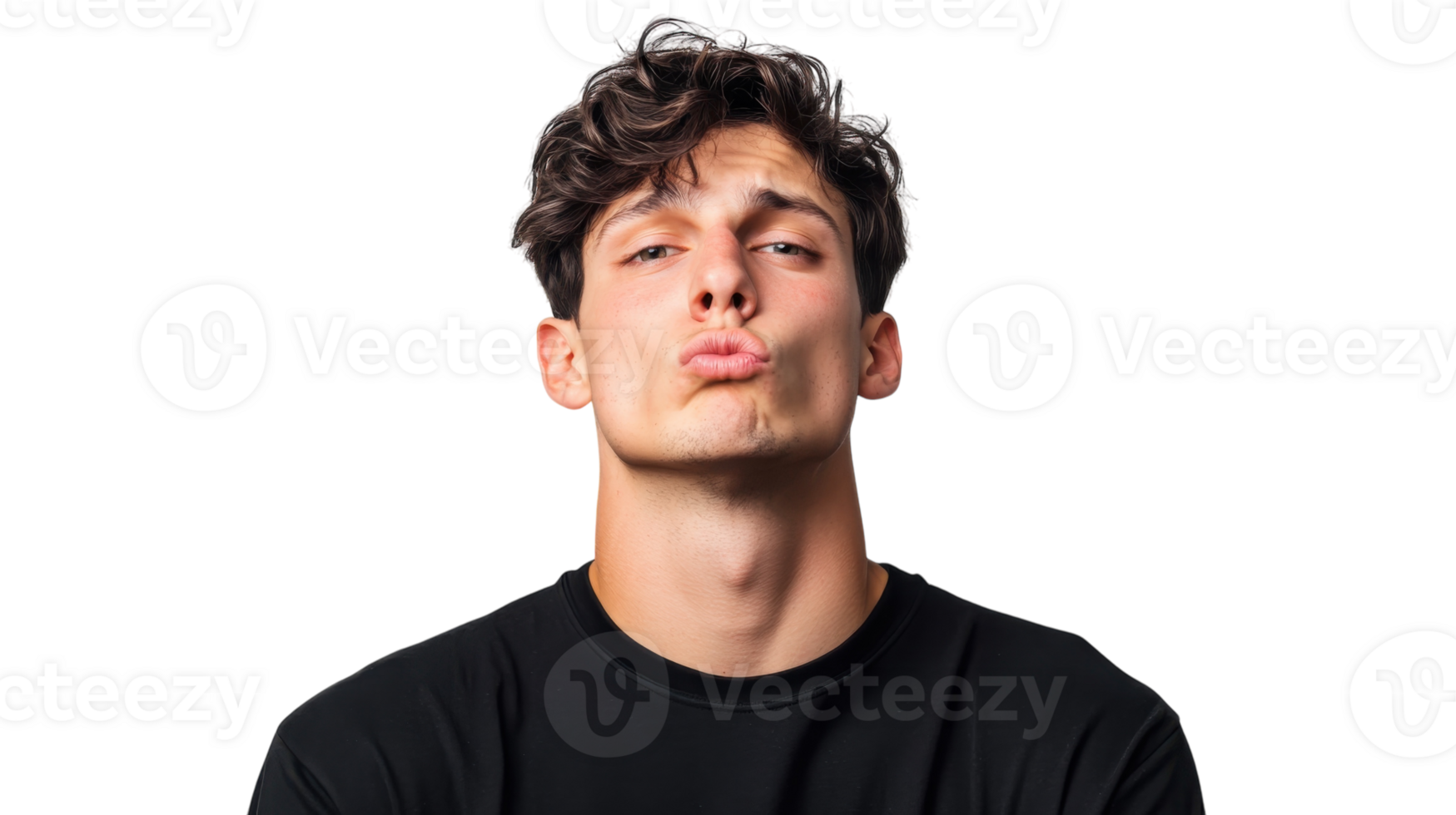 Young man making a playful kissing face with curly hair against a plain background png