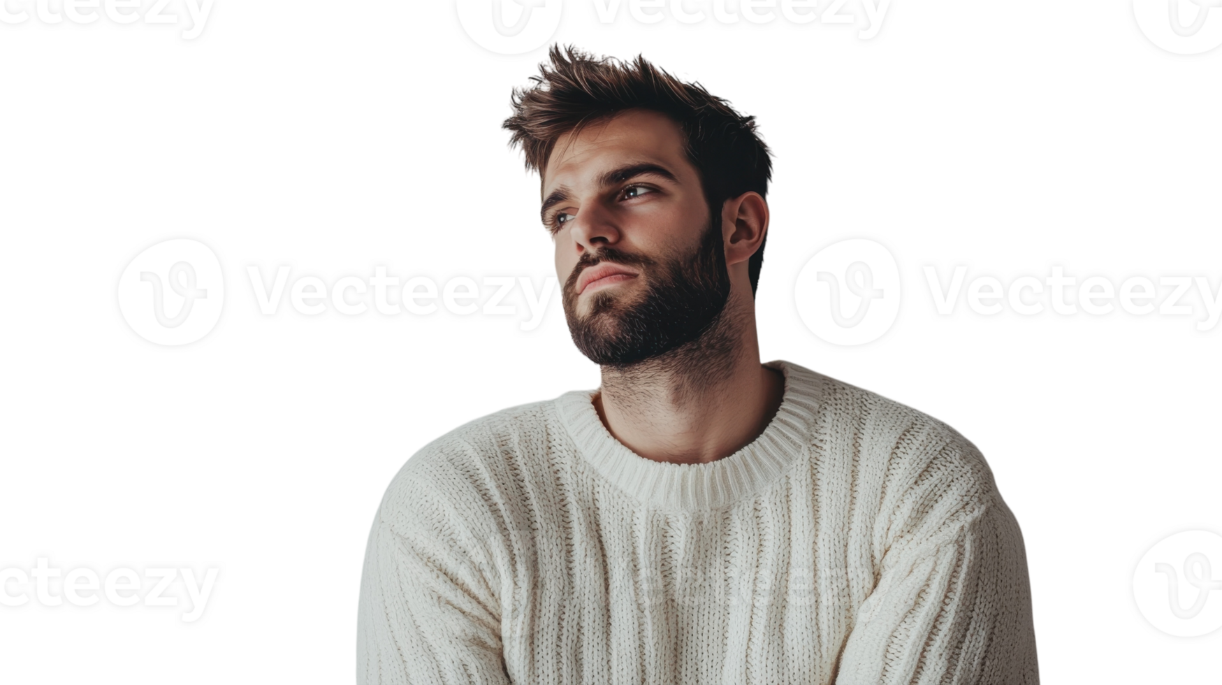 Young man in cozy sweater poses thoughtfully against plain background, showcasing casual style and relaxed demeanor png