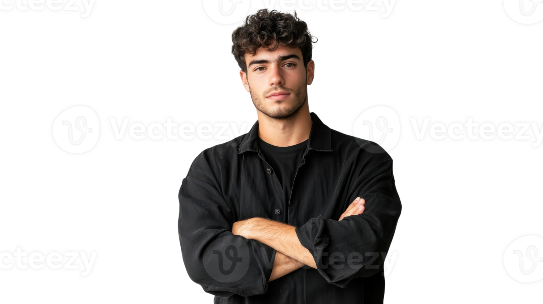 Young man confidently posing with crossed arms against a plain background in a casual setting png