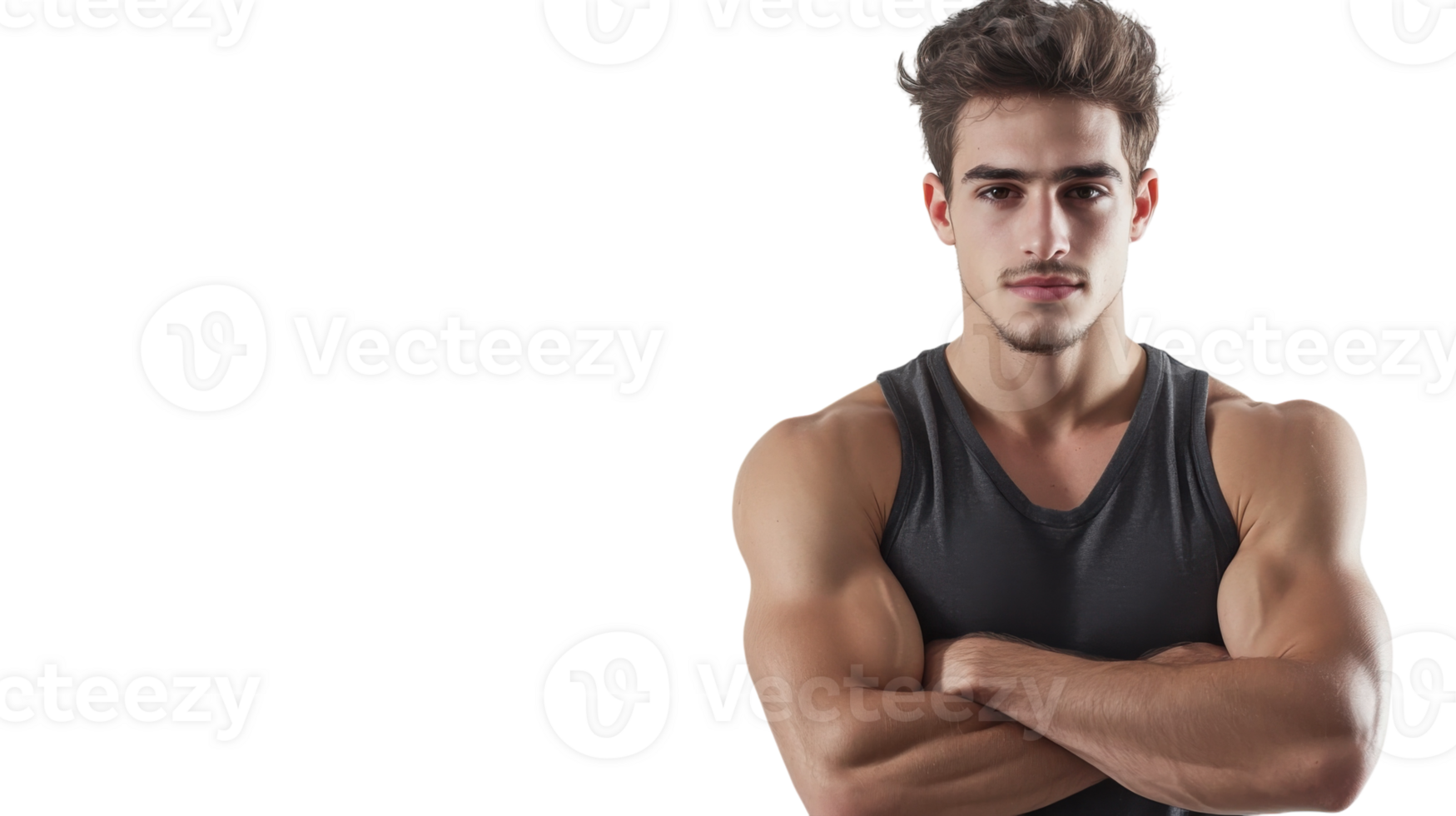 Young muscular man poses confidently with arms crossed in a studio setting showcasing strength and fitness png