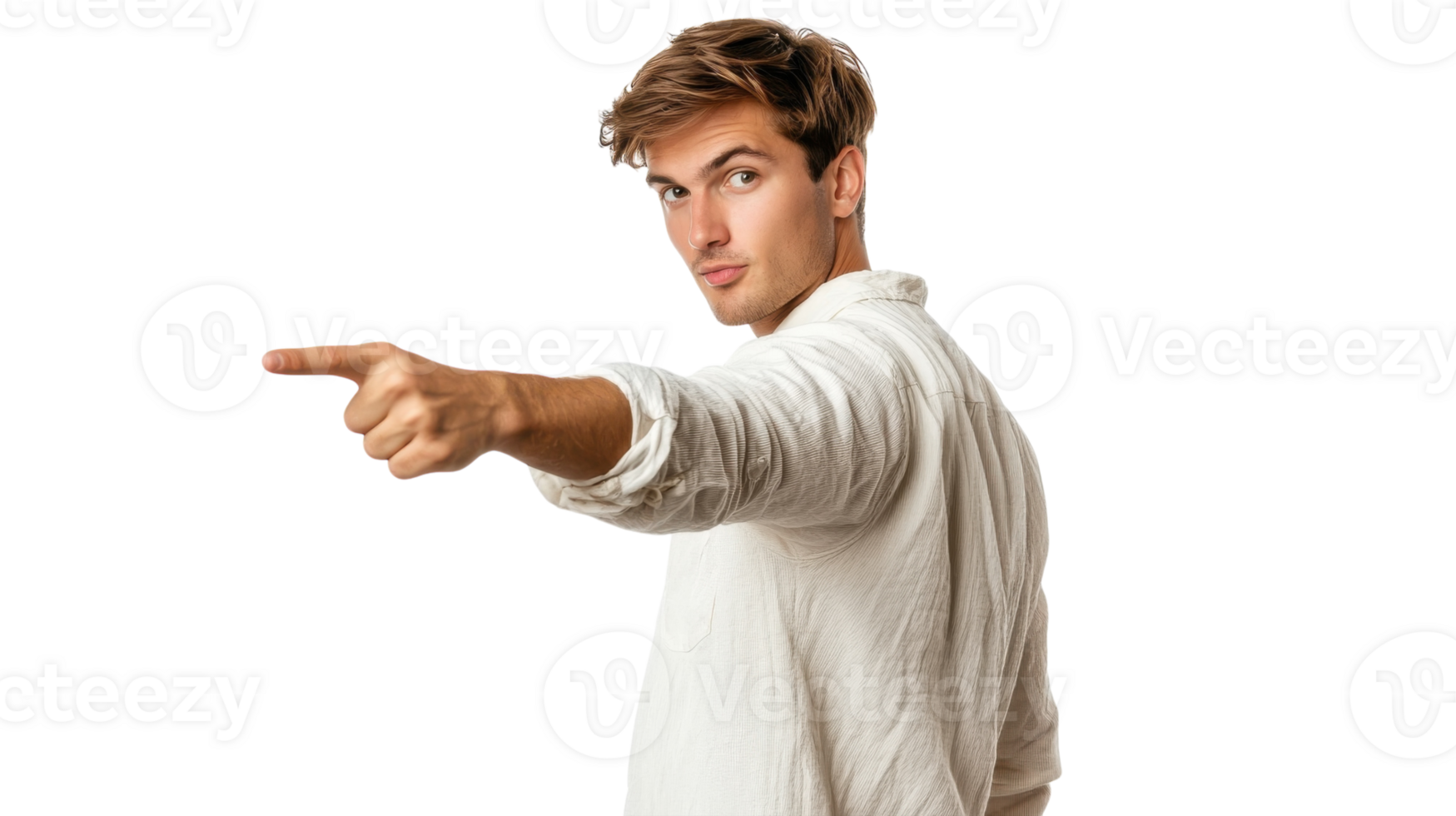 Young man pointing confidently with a serious expression during a well-lit indoor session png