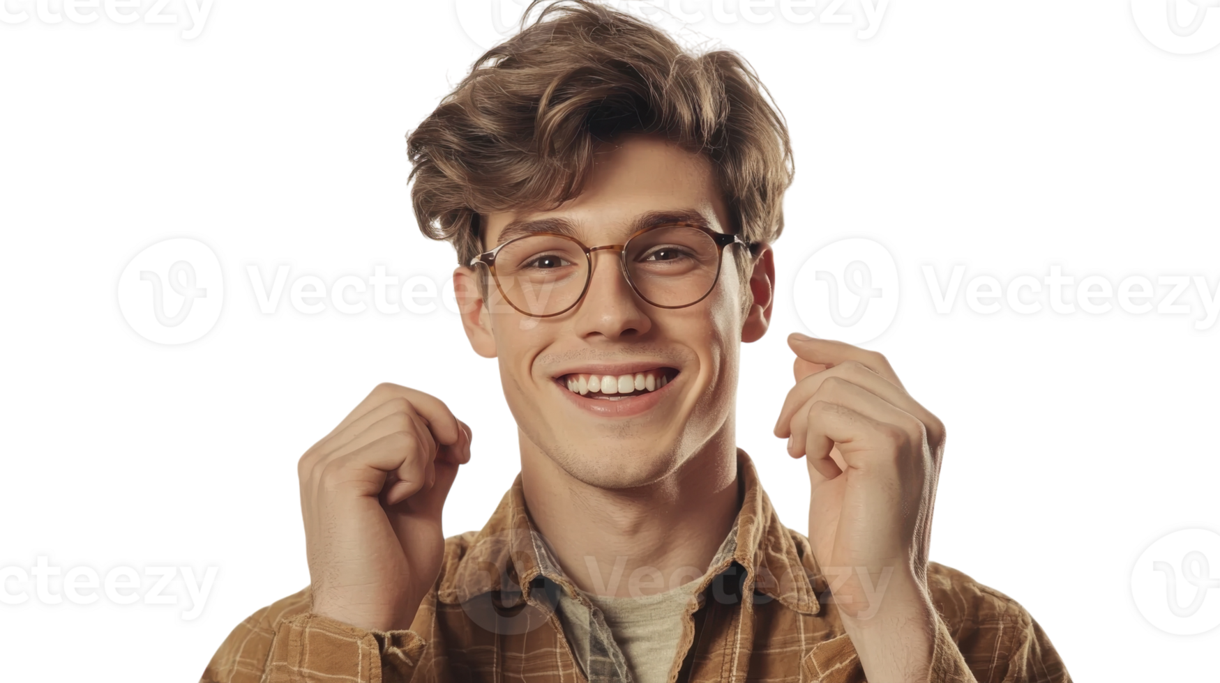 Young man smiling brightly with tousled hair and glasses against a plain background png