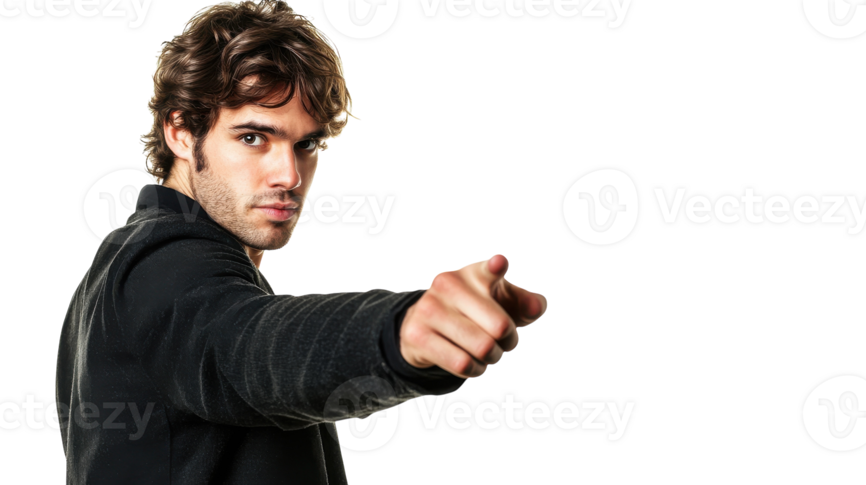 Young man poses confidently with hand extended, showcasing assertiveness against a white background png