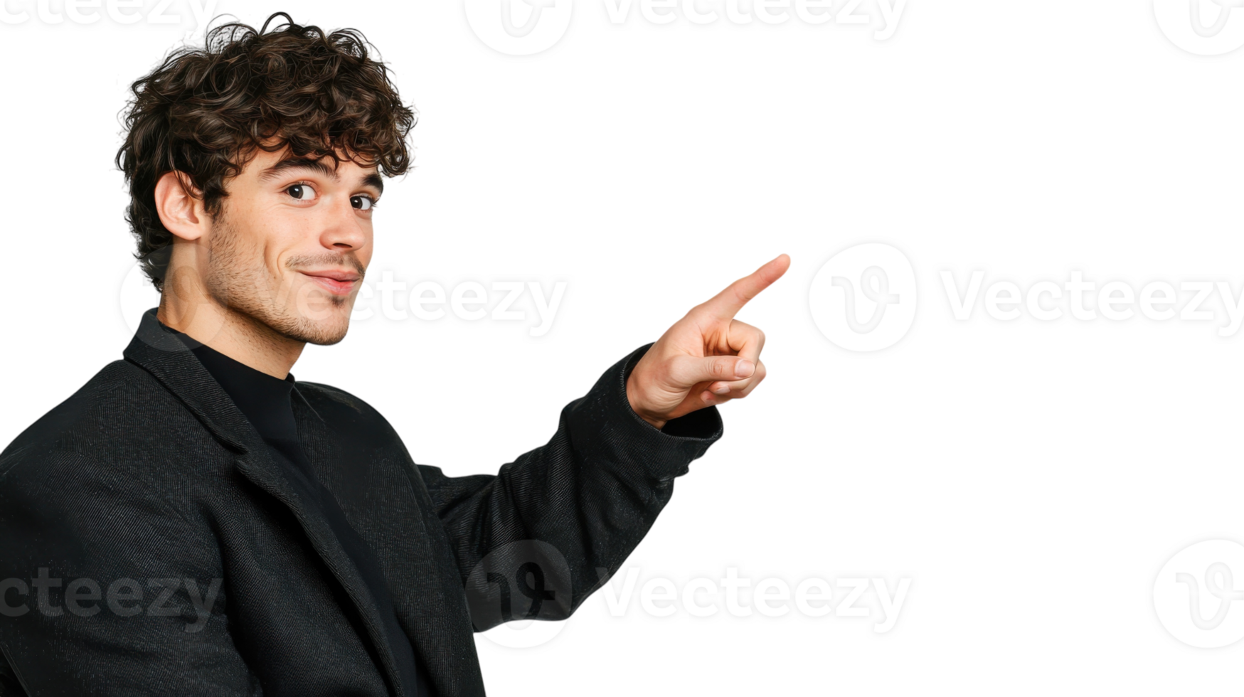 Man in suit pointing confidently in a professional setting with a playful expression on his face png