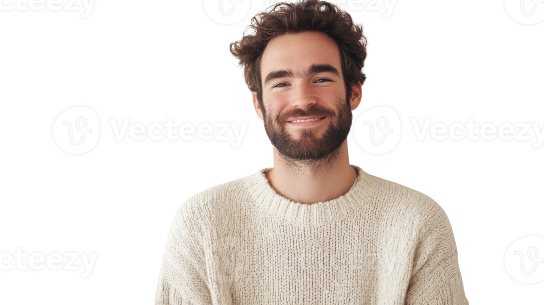 Man with curly hair and beard smiles warmly while wearing a cozy sweater in a bright indoor space png