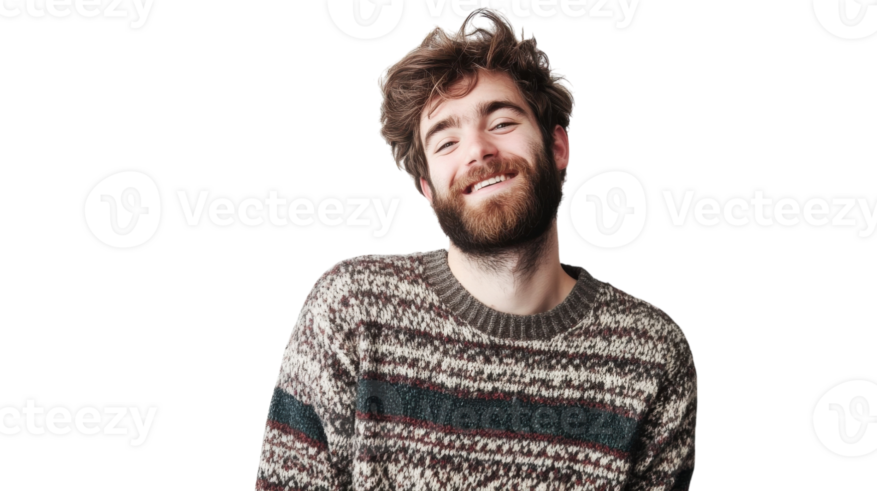Smiling man with beard wearing a cozy sweater against a plain background in a joyful indoor moment png