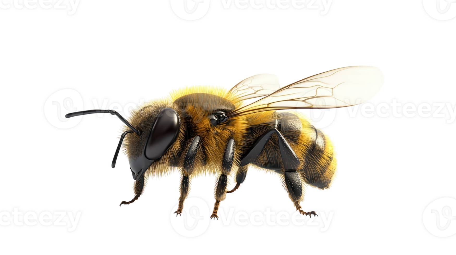 Detailed close-up of a honeybee highlighting its features and unique structure during an active moment in nature png