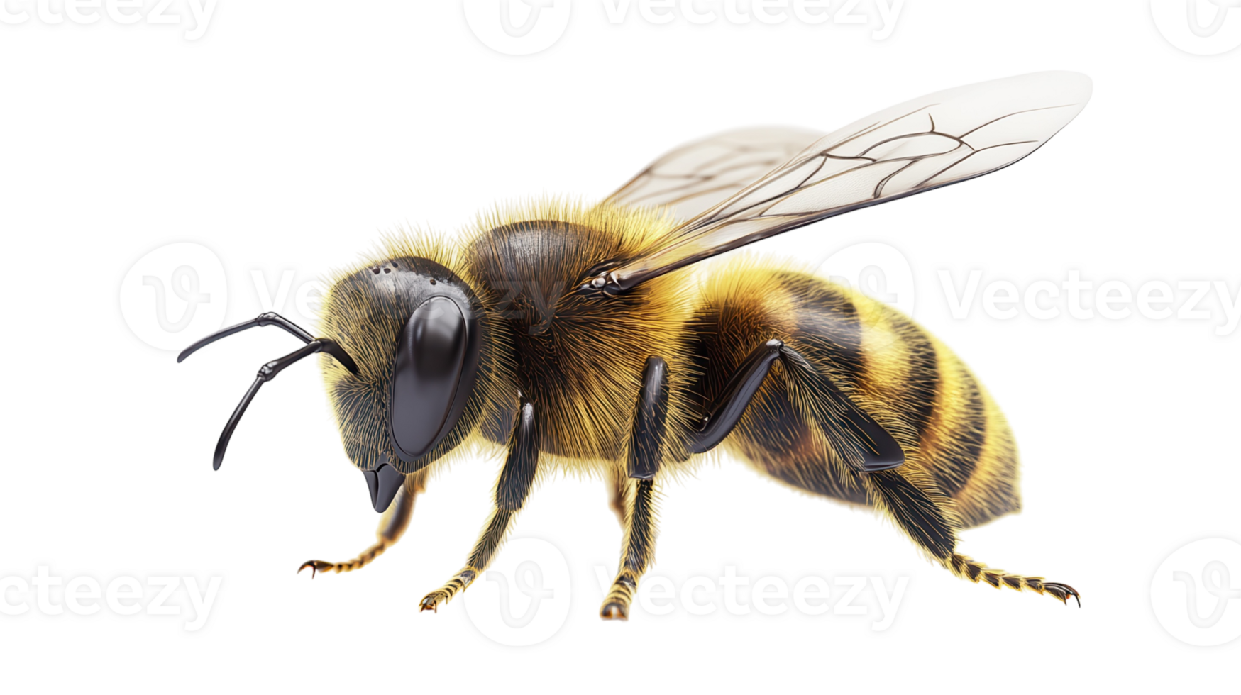 Detailed depiction of a bee showcasing its vibrant coloration and intricate wing structure in a natural setting png