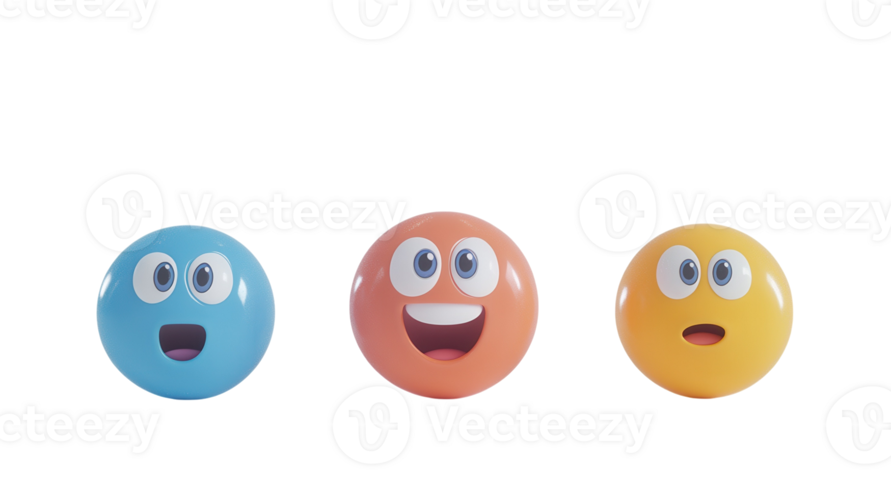 Colorful smiling balls express different emotions in a playful arrangement against a white background png