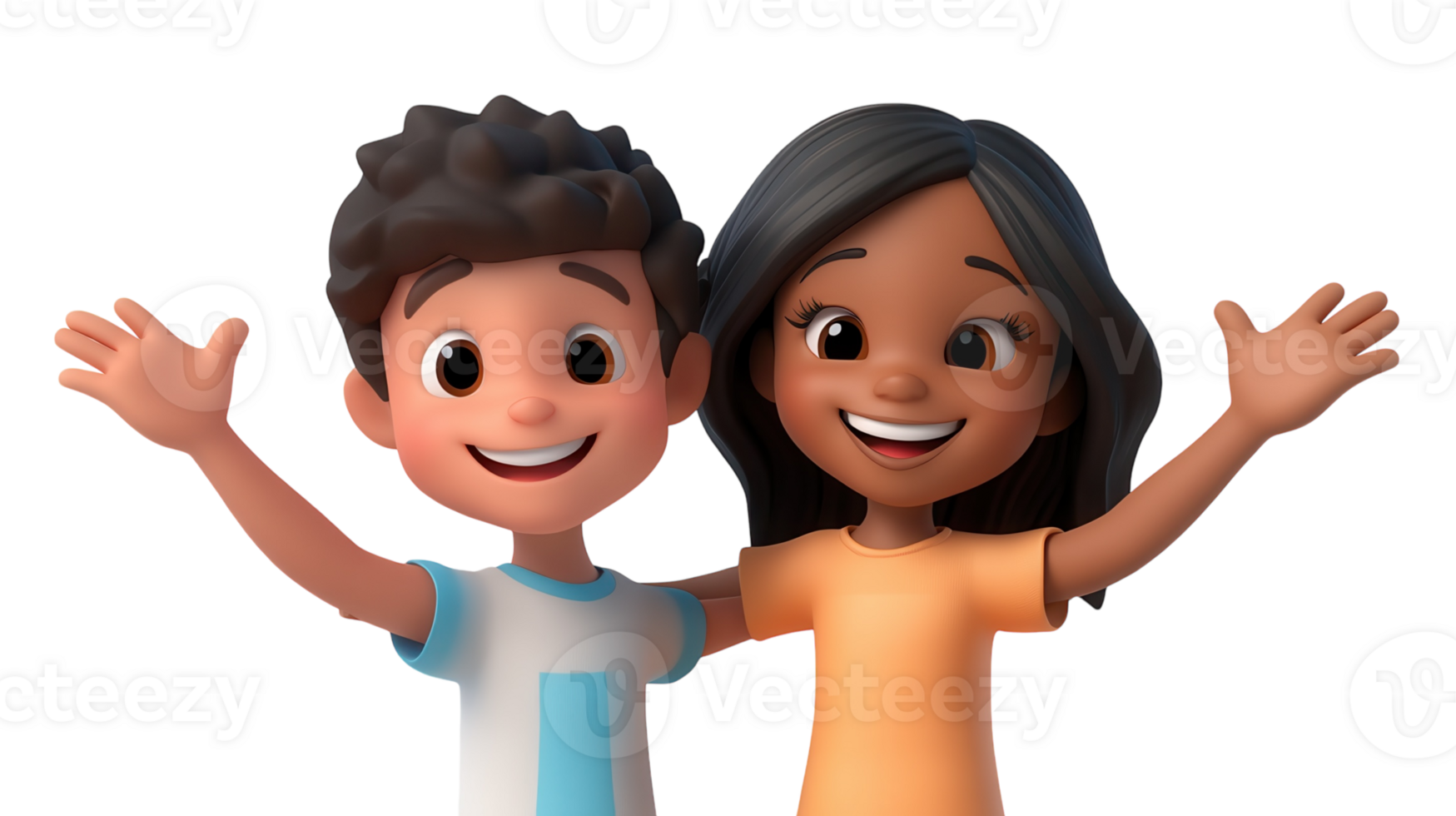 Children joyfully posing together with friendly smiles and raised arms in a cartoonish style png