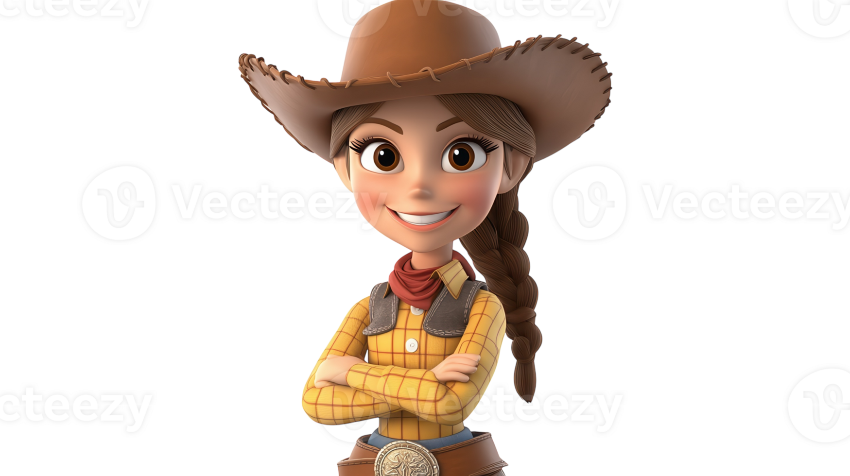 Cowgirl character poses confidently with arms crossed in friendly, animated style against a simple background png