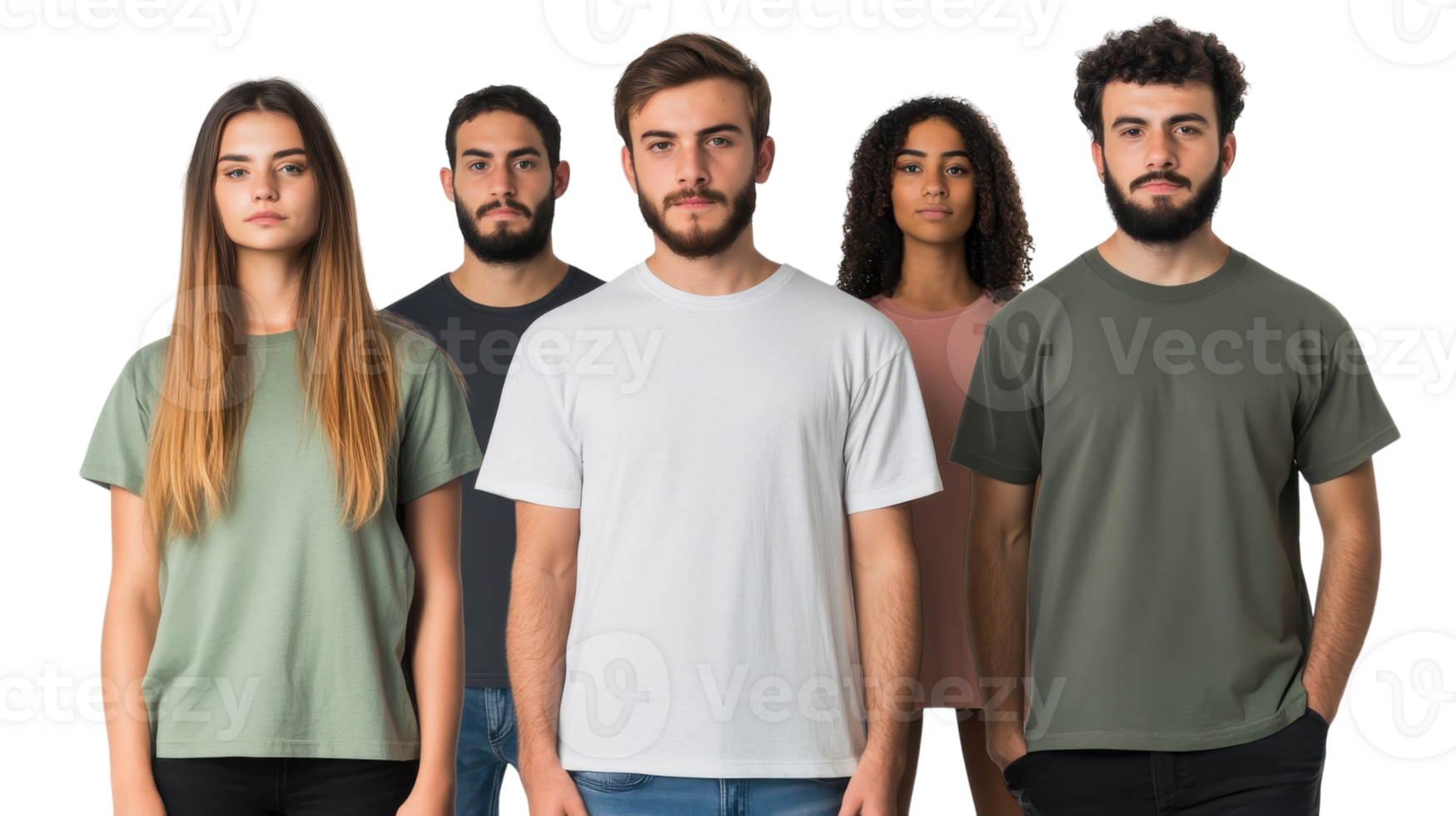 Group of diverse models wearing plain t-shirts in various colors against a simple background in a studio setting png