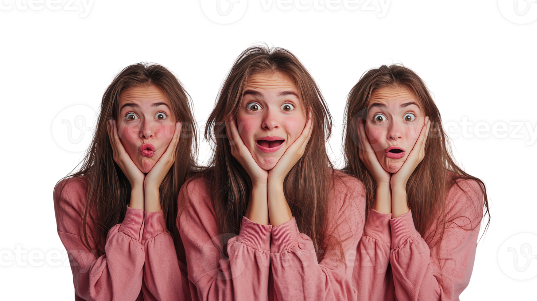 Expressions of surprise and excitement captured in a playful moment featuring three young women with varying reactions png