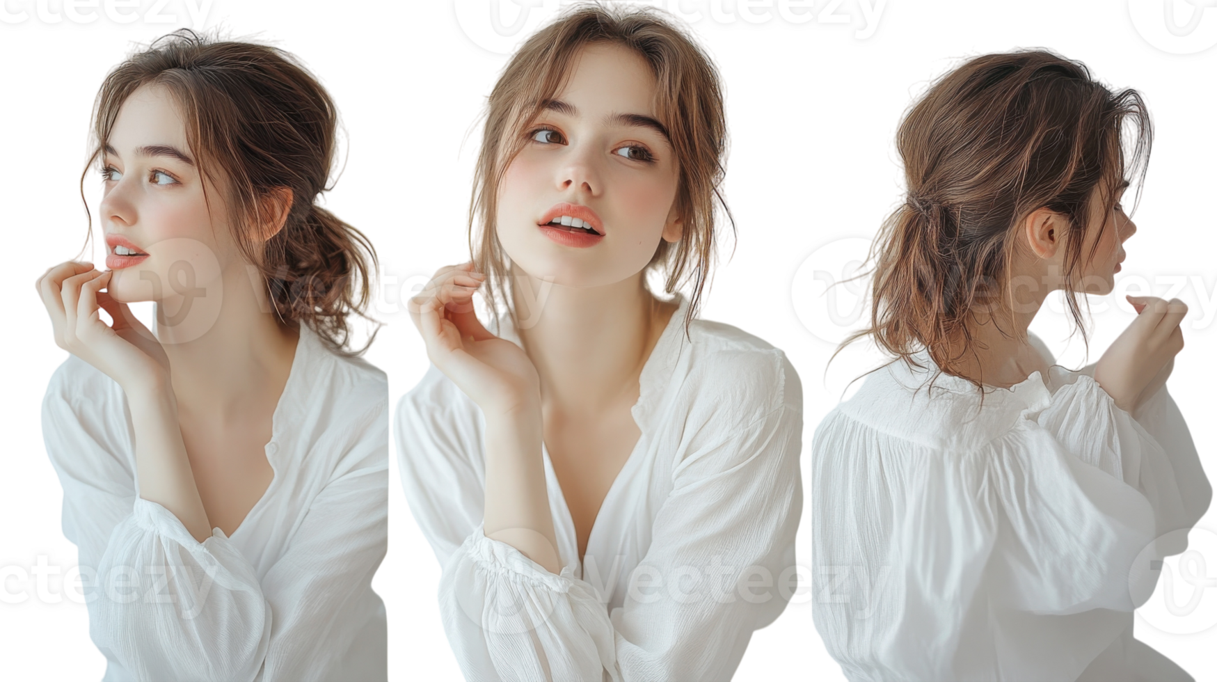 Young woman in white blouse showing different poses against a plain background png