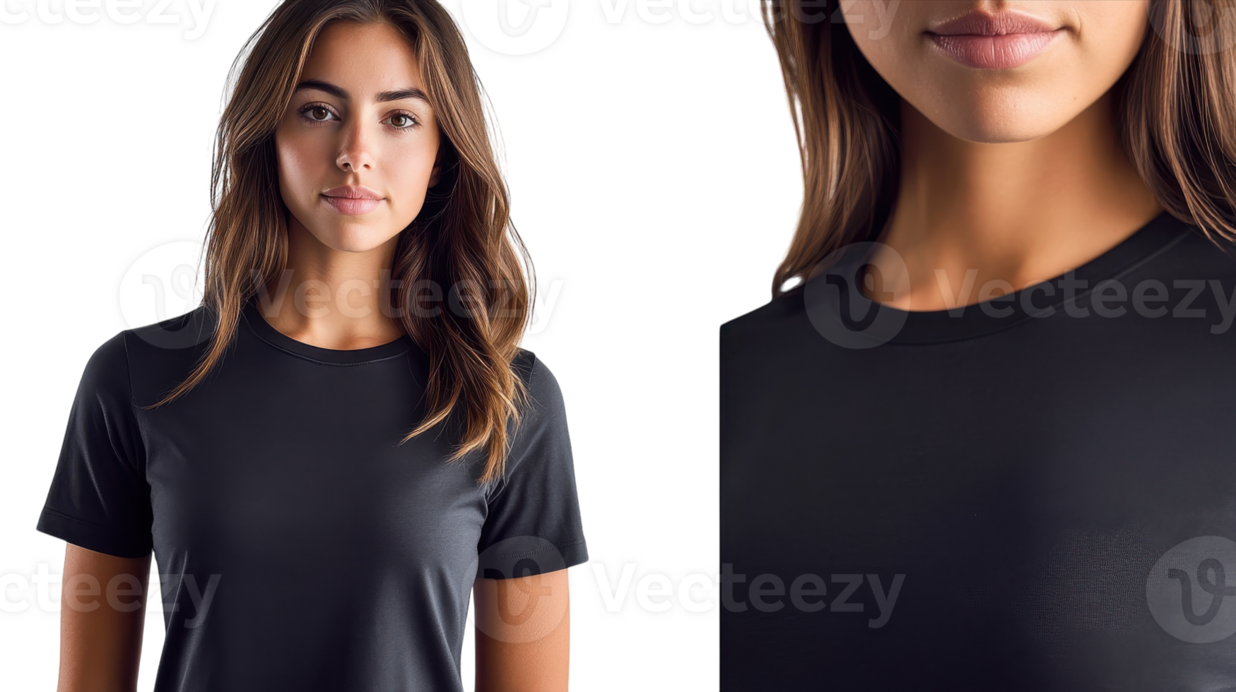 Woman wears black t-shirt with a close-up view showcasing fabric texture and fit in a neutral setting png