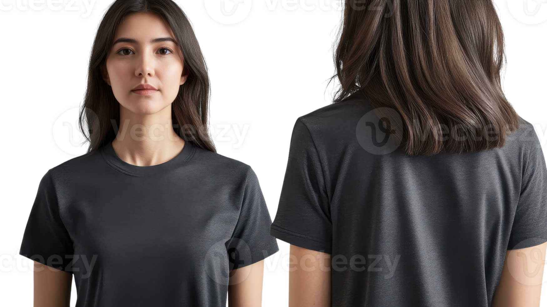 Model showcases fitted black t-shirt for casual or active wear from dual perspectives against plain background png