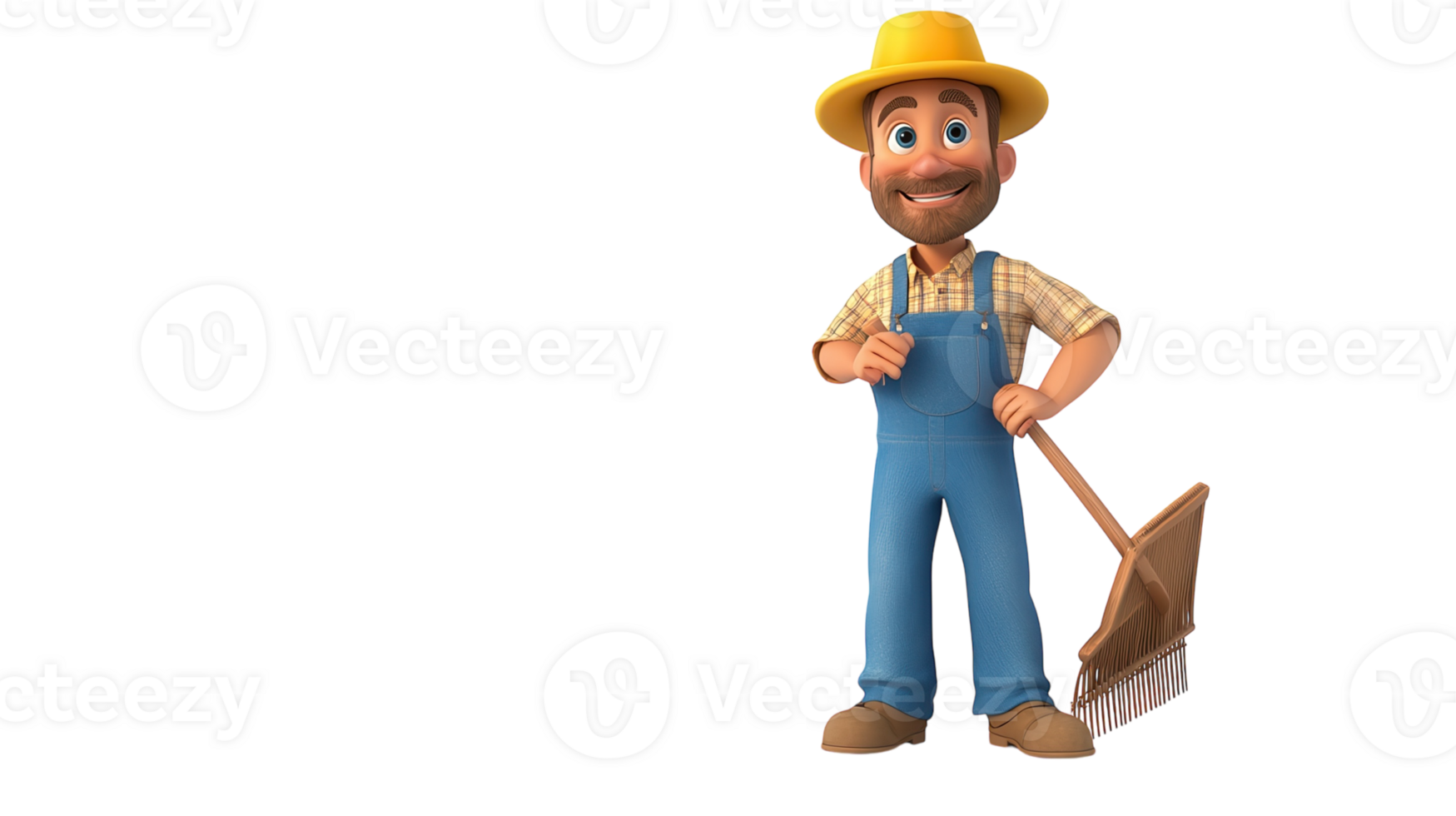 Cartoon farmer character with a rake in a bright yellow hat smiling cheerfully in a rural background png