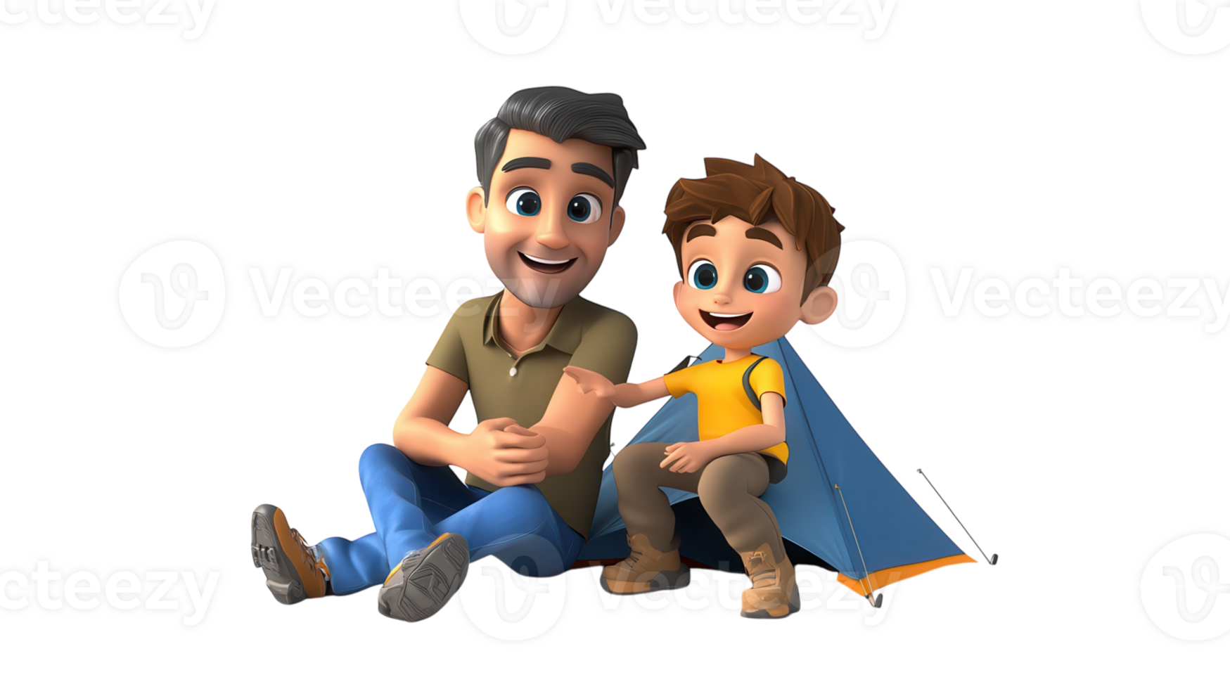 Father and son enjoying a camping trip together in a cheerful animated style with a cozy tent backdrop png