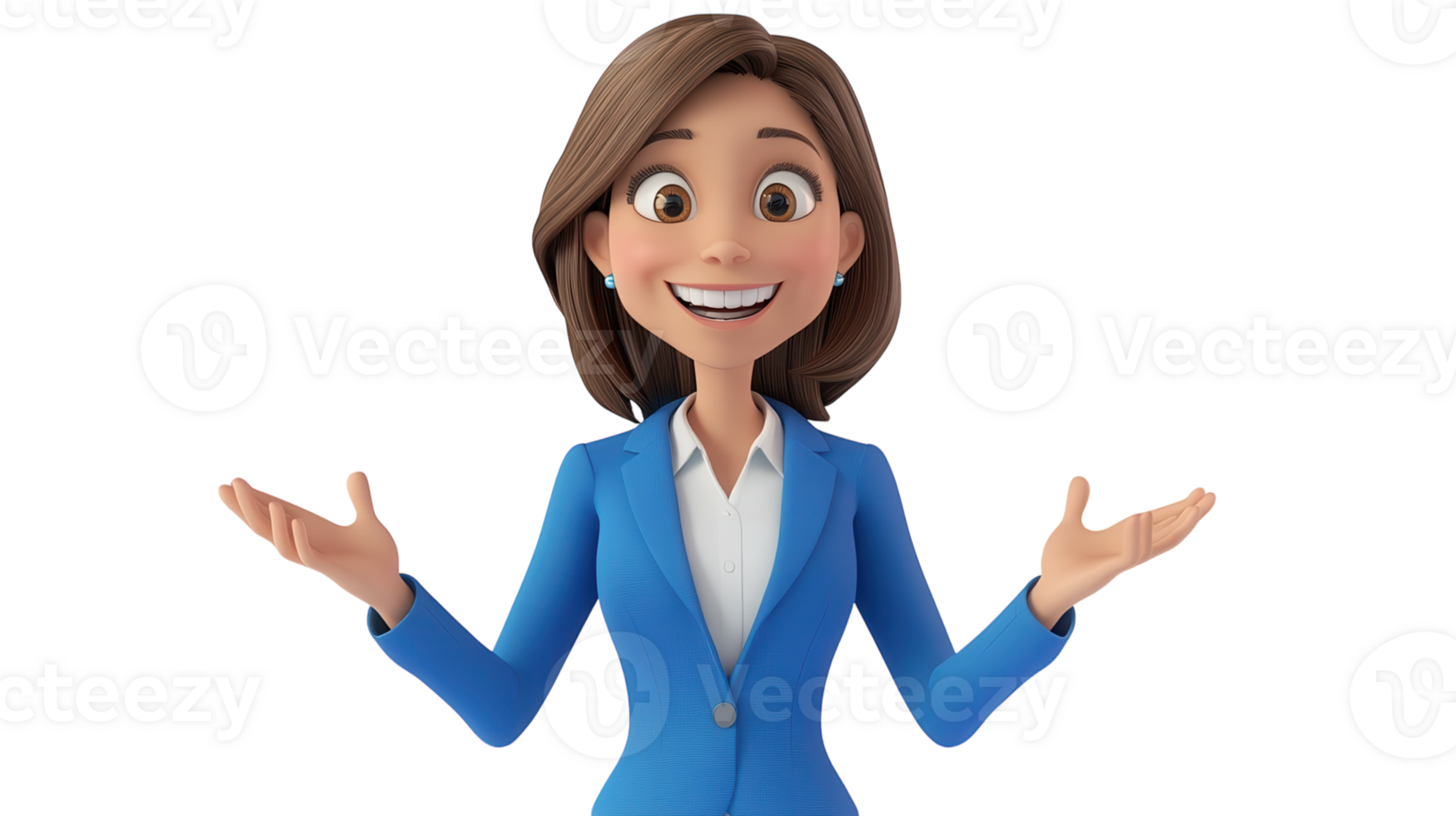 Professional animated character gesturing with a friendly expression in a blue suit on a white background png